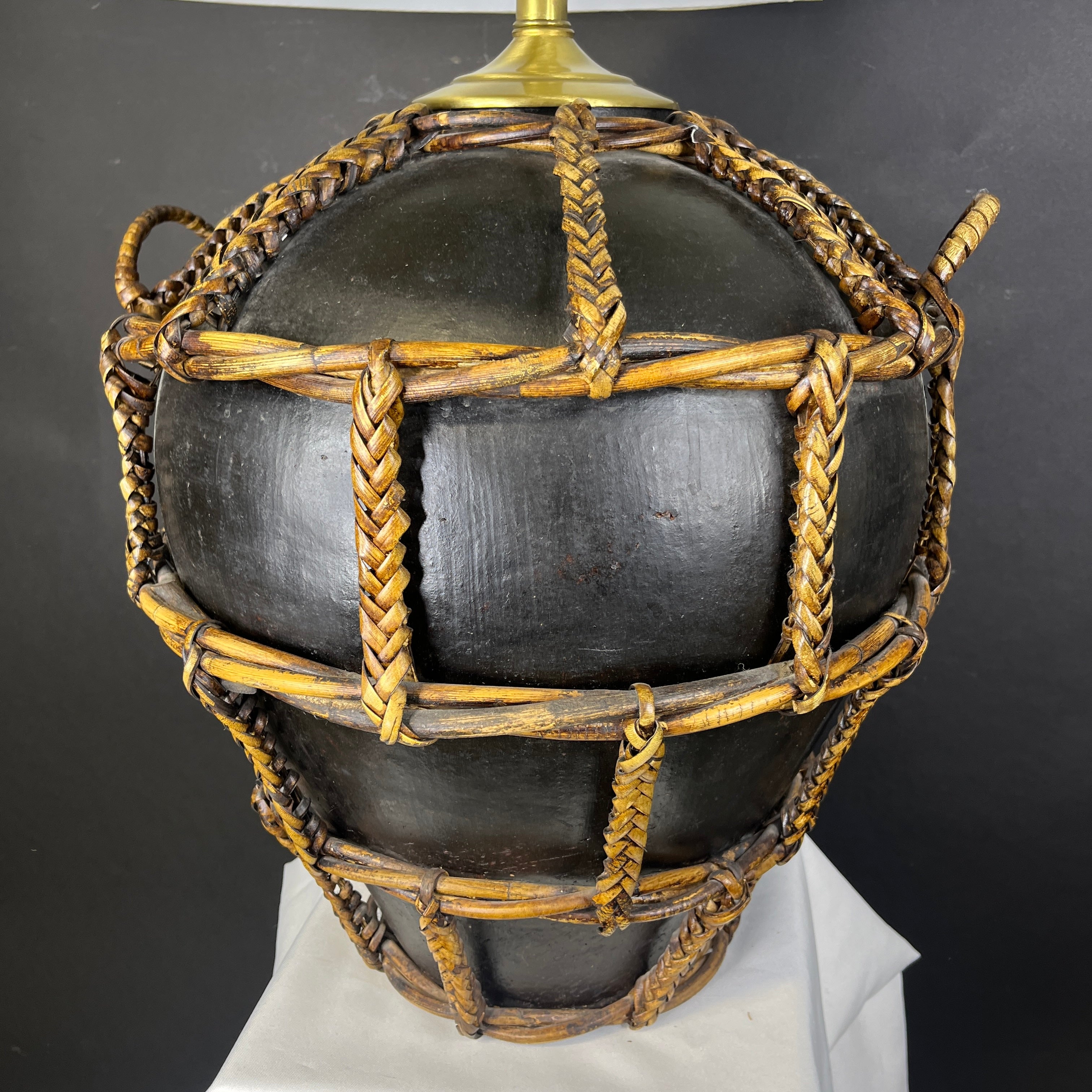 Oversized Black Painted Terracotta and Woven Rattan with Shade Table Lamp 22.5” Diameter @ Shade x 27”