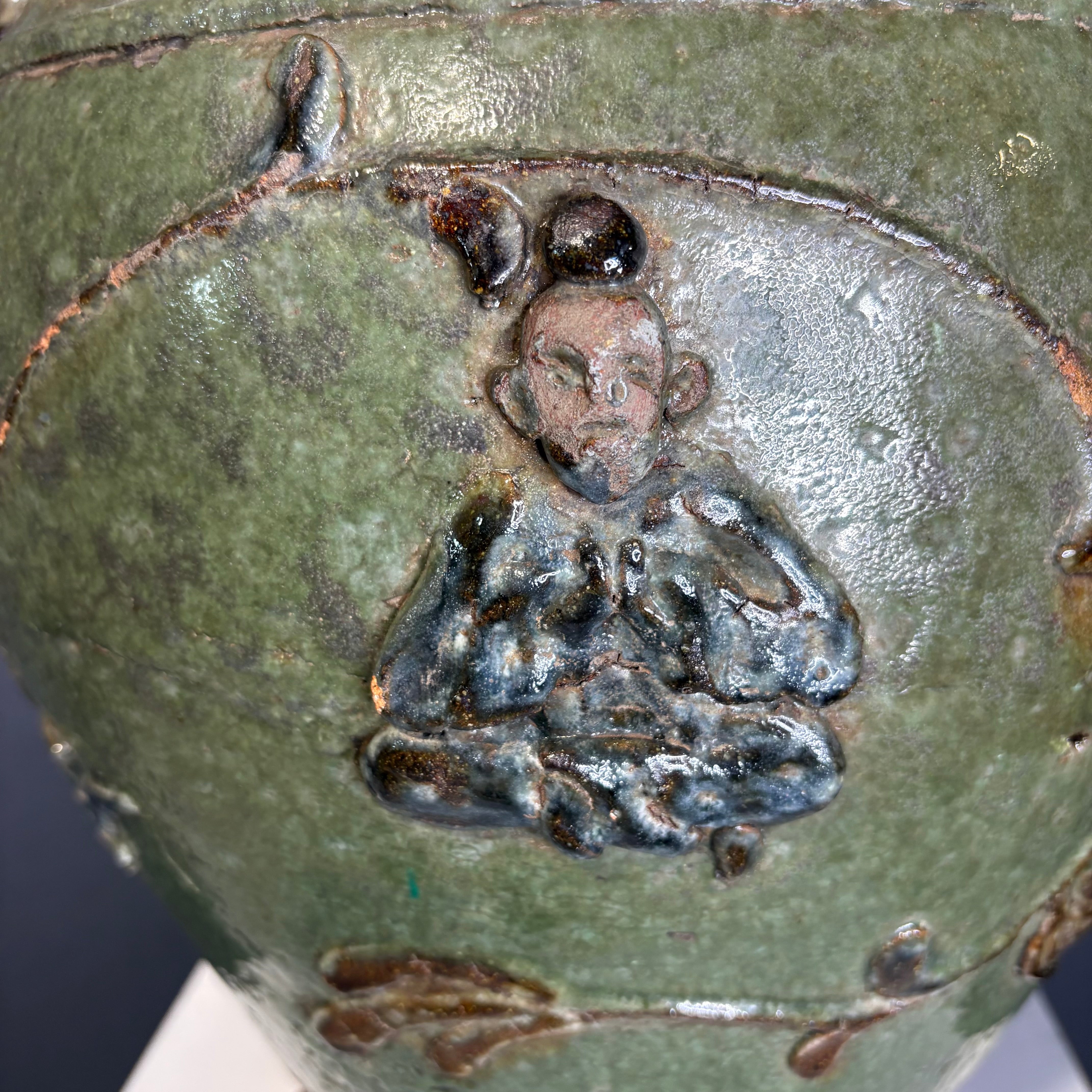 Oriental Ornate Green and Brown Glazed Ceramic Jug with Shade Table Lamp 18” Diameter @ Shade x 29”