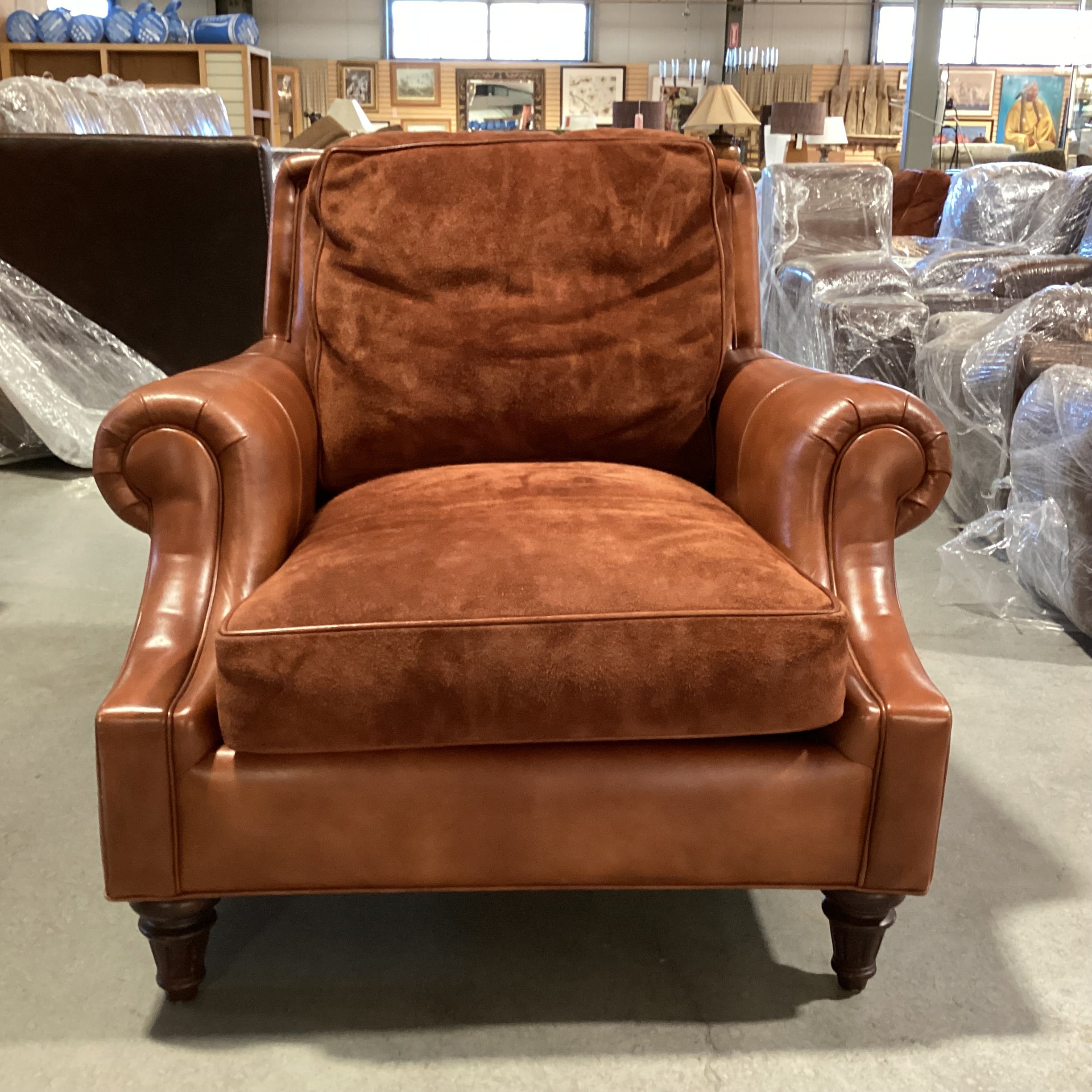 Hancock & Moore Leather & Suede Roll Arm Club Chair 40"x 44"x 35"