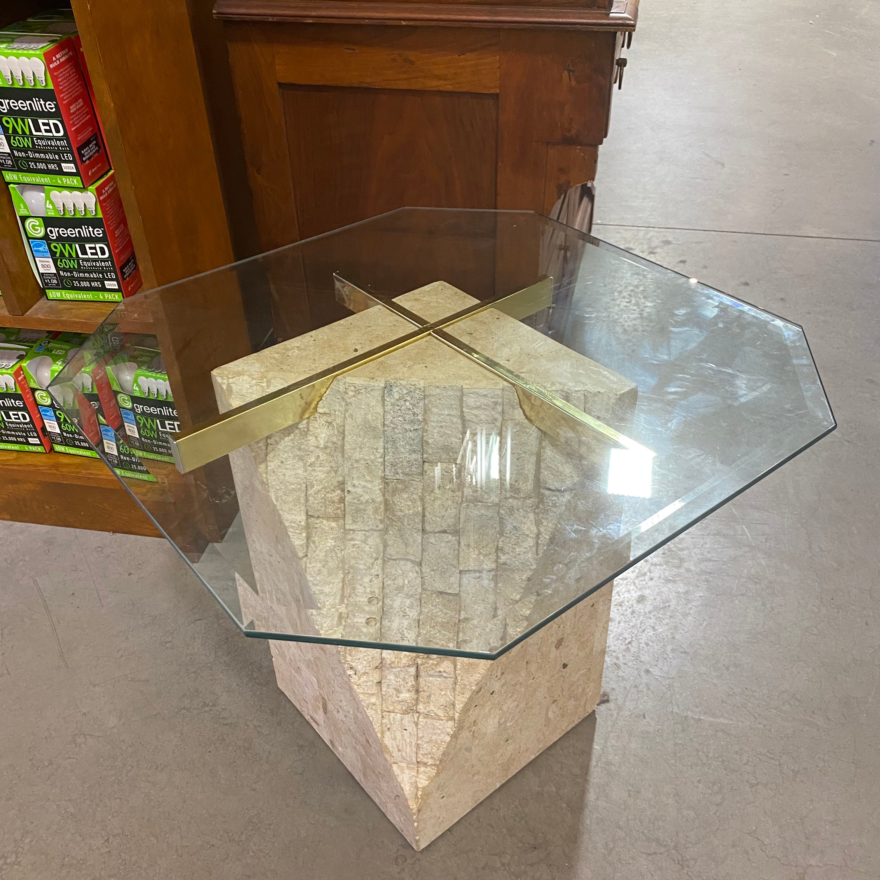 Travertine Base Beveled Glass Top Accent Table 26"x 26"x 21"