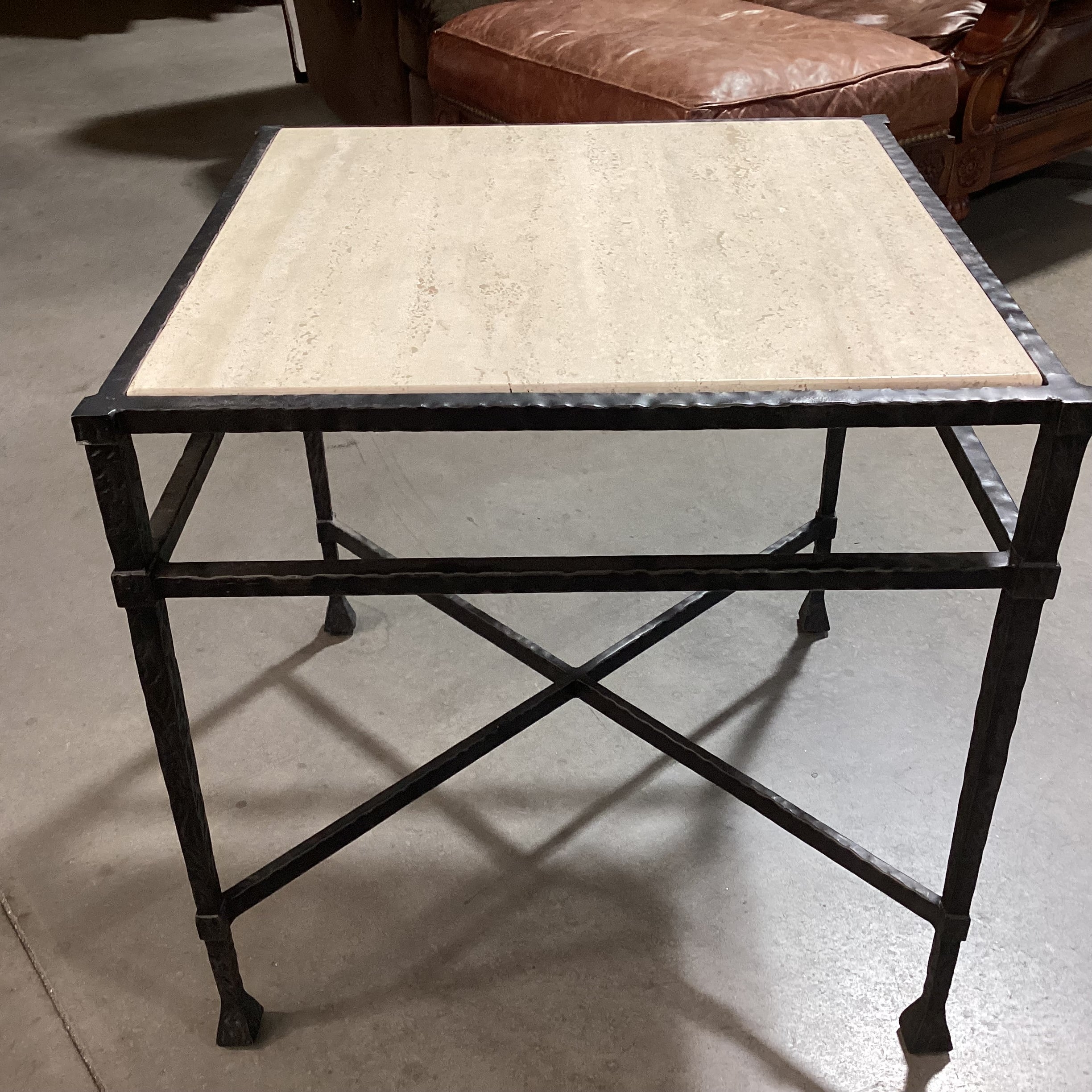 Textured Iron & Travertine Top Accent Table 25.5"x 25.5"x 25.25"