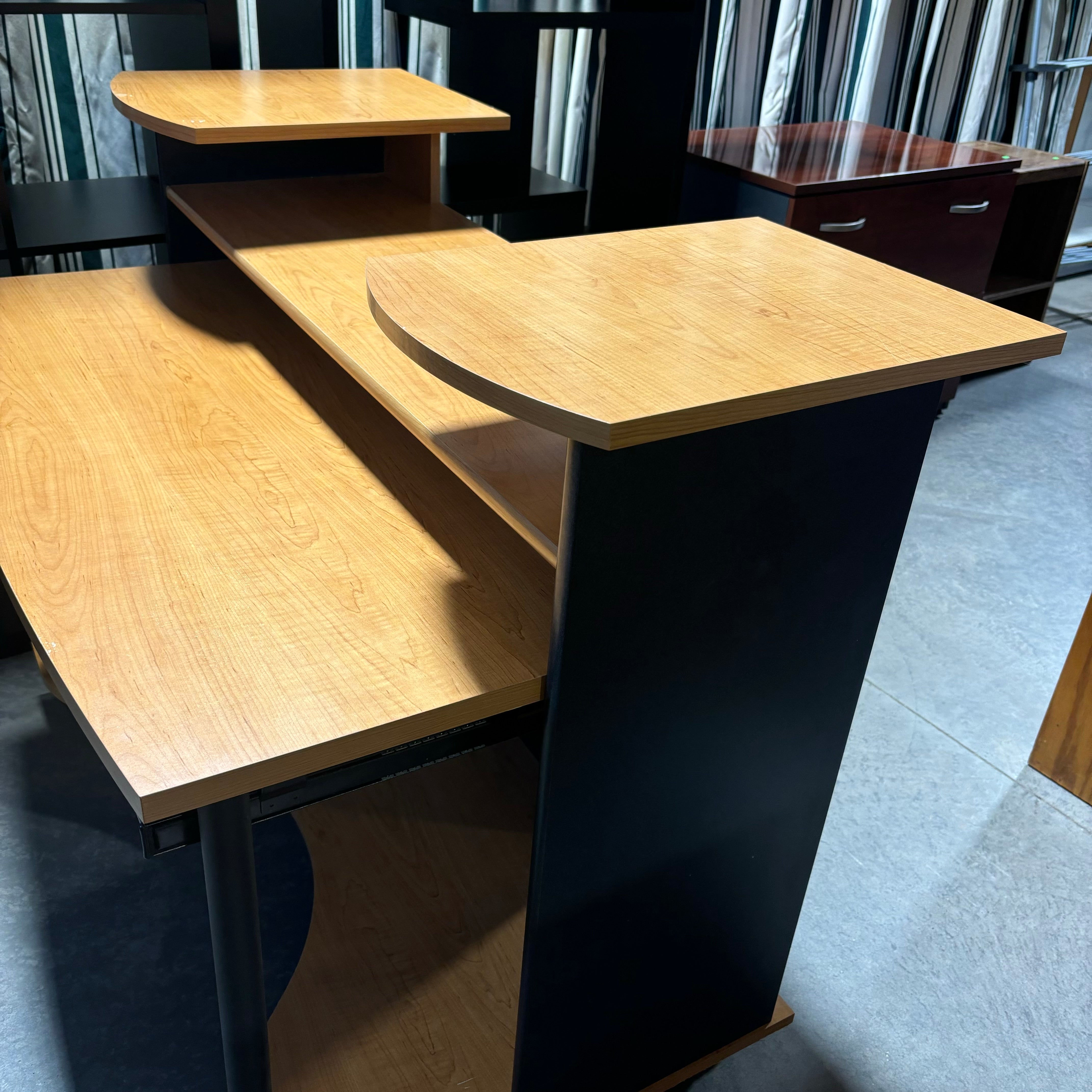Light Wood Veneer Top with Black Metal & Wood Multi Surface On Casters Computer Desk 52"x 41"x 30.5"