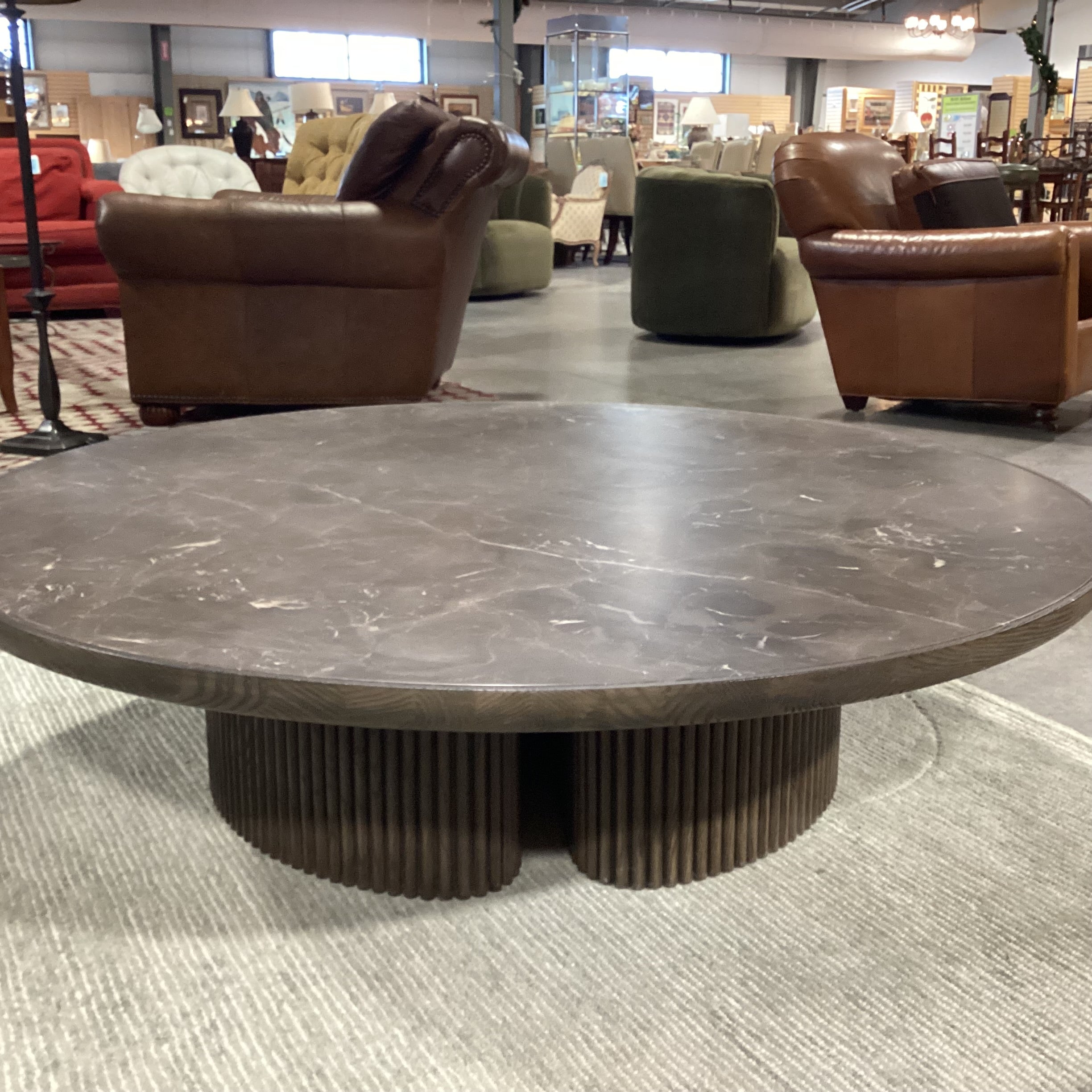 Aster Dark Finish Faux Stone & Ribbed Wood Pedestal Round Coffee Table 54" Diameter x 14.5"