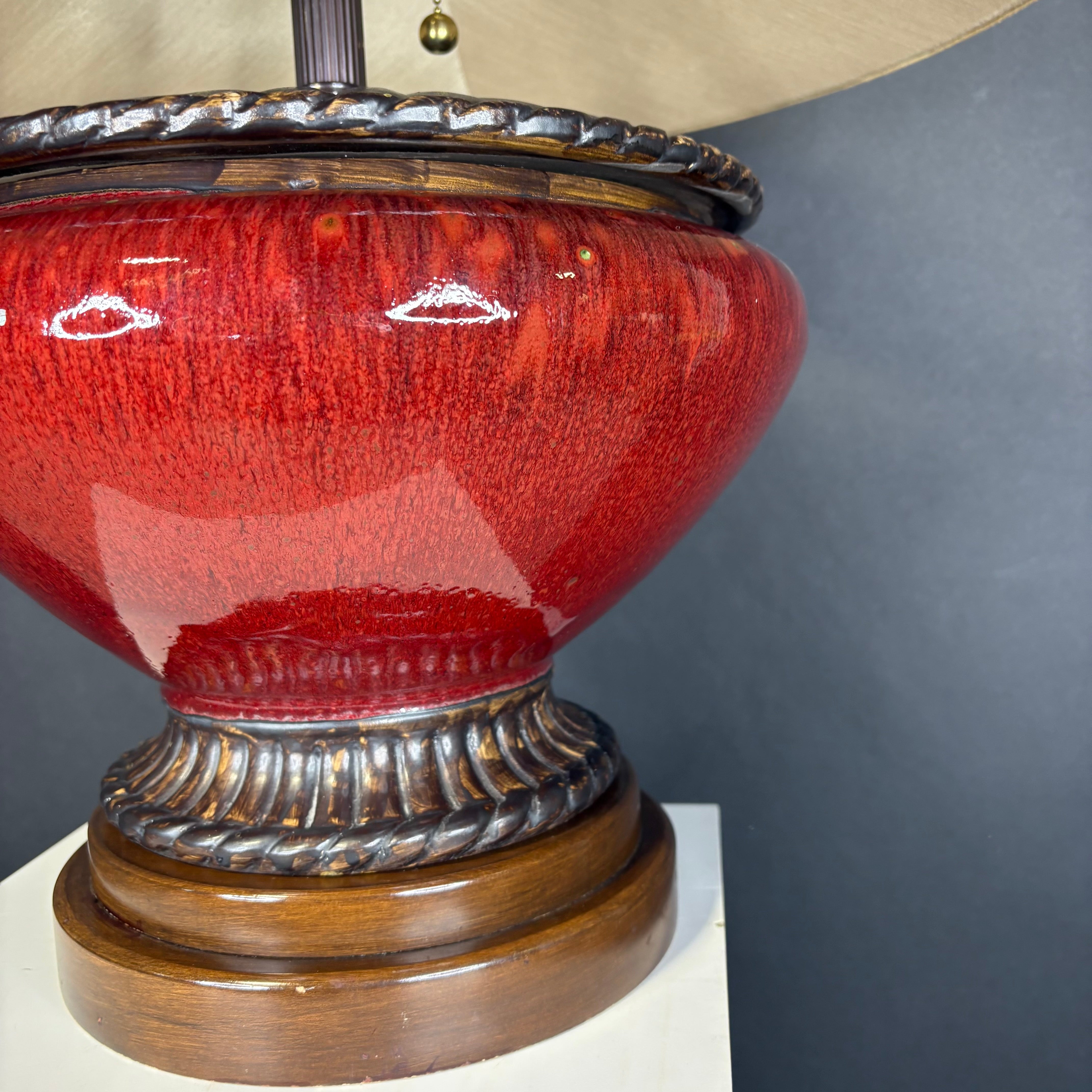 Frederick Cooper Red/Gold Ceramic and Wood with Shade Table Lamp 22” Diameter @ Shade x 23”