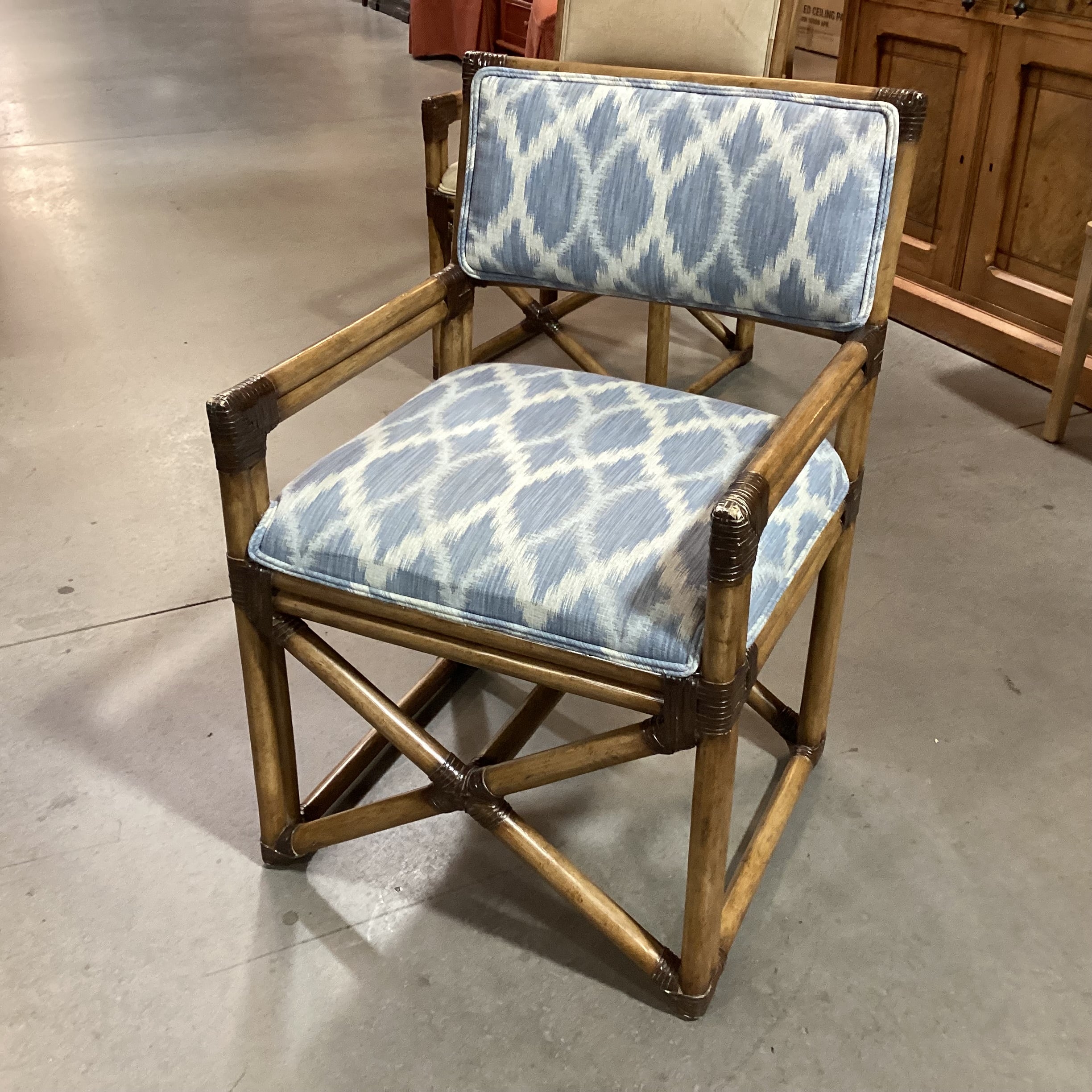 Vintage Bamboo Leather Strap Wrapped & Blue White Design Accent Chair 24"x 24"x 35"