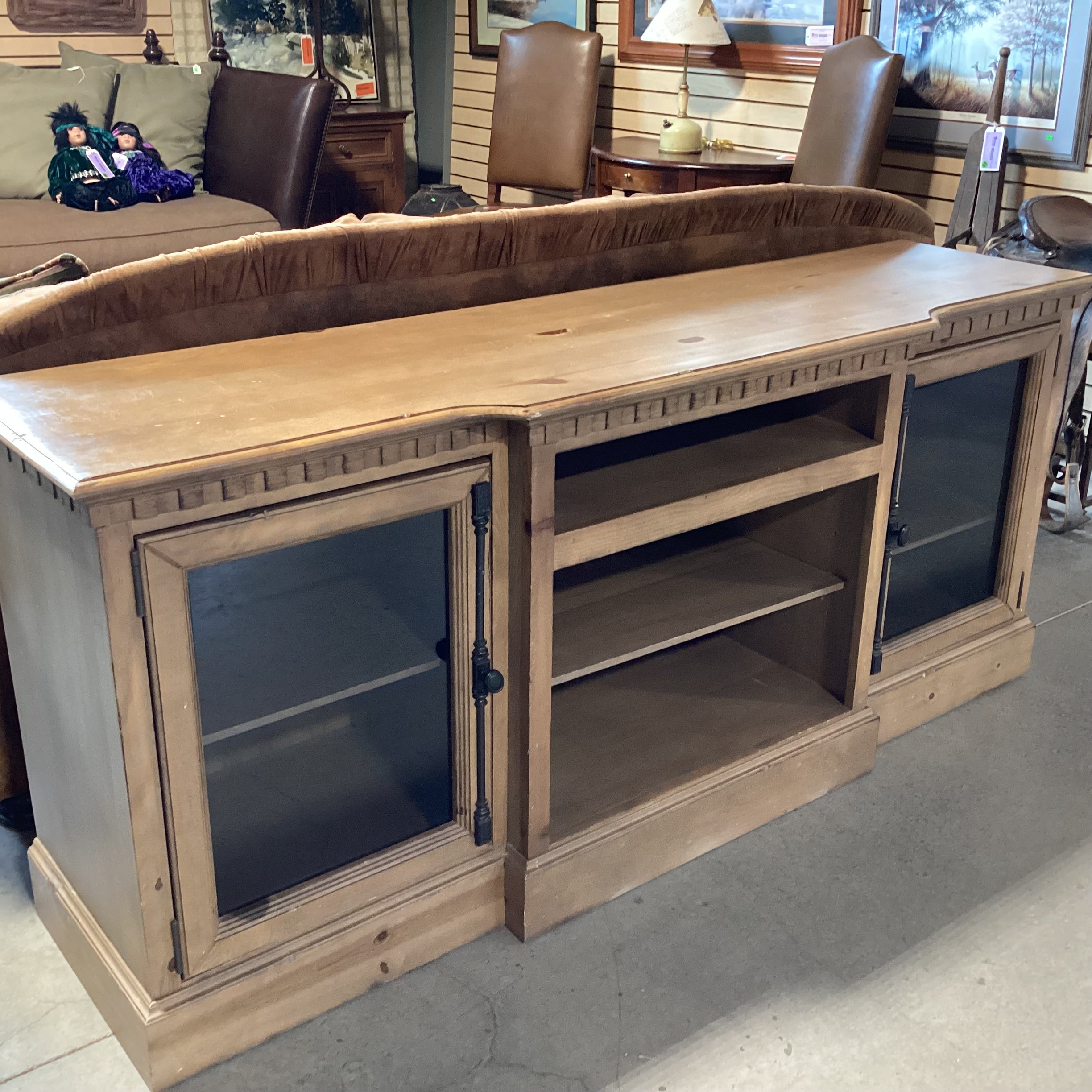 Light Greige Distressed Pine 2 Glass Door with Shelves Console Credenza 74"x 20"x 32.5"