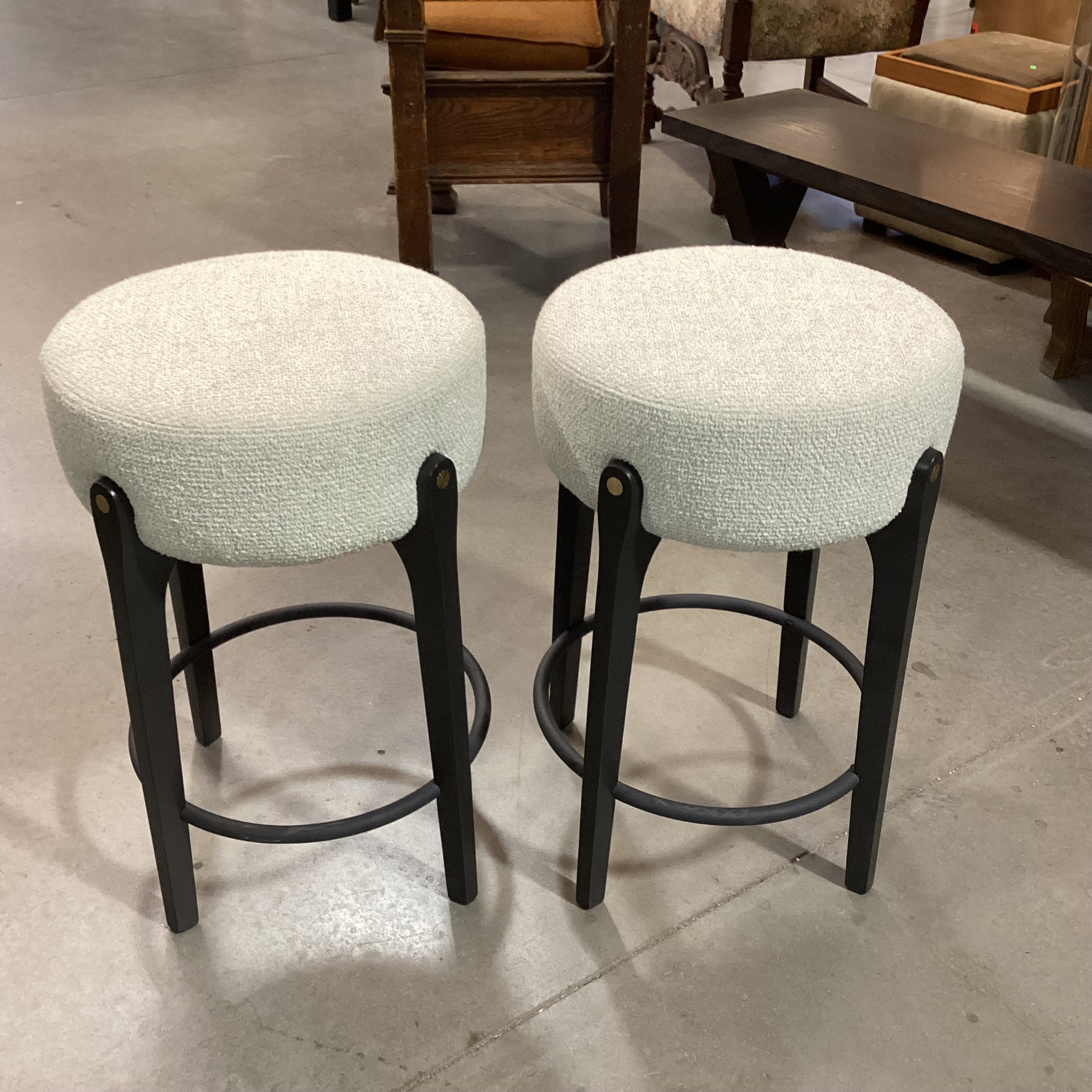 SET of 2 Arhaus Bottoni Italian BoucleDark Finish Wood & Metal with Brass Accent Bar Stools 24"