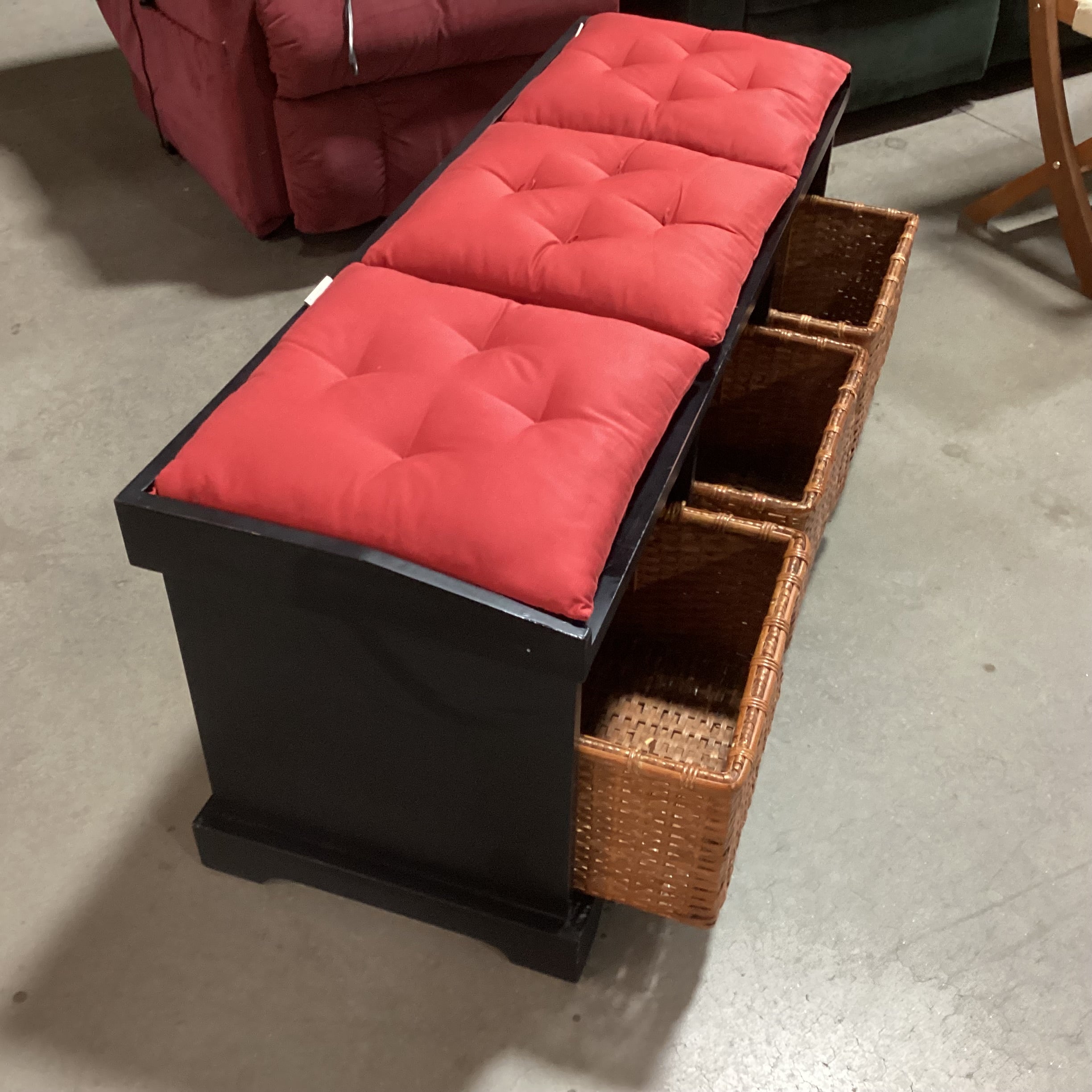 Pottery Barn Black Wood Red Cushions & 3 Baskets Storage Mudroom Bench 50"x 17"x 20"
