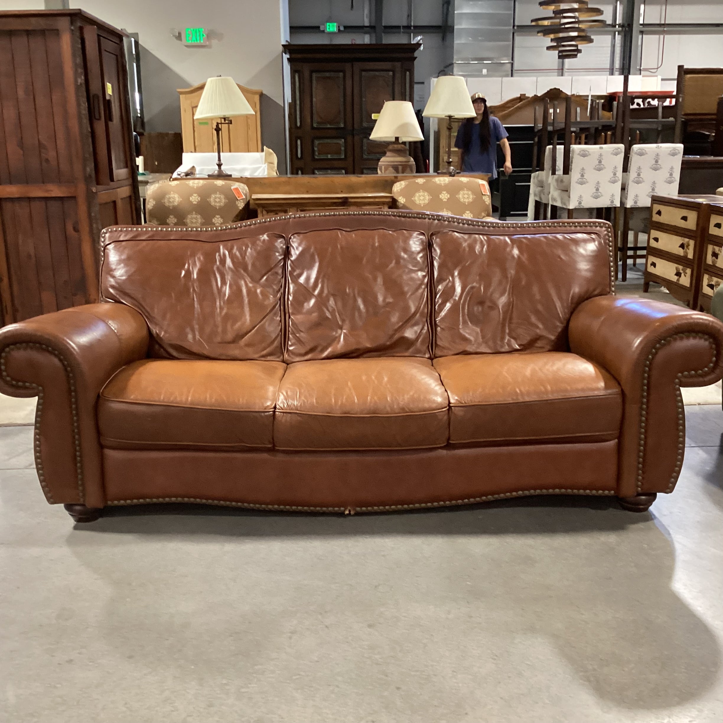 Brown Leather Nailhead Sofa 92"x 39"x 37"