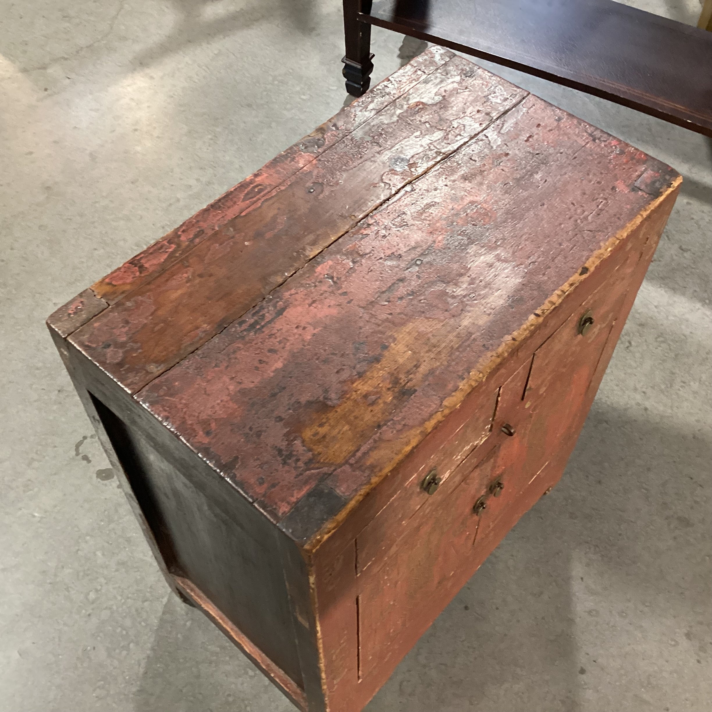 Vintage Antique Asian Carved Wood Red & Gold Painted 2 Drawer 2 Door Cabinet End Table 22"x 13.5"x 26"
