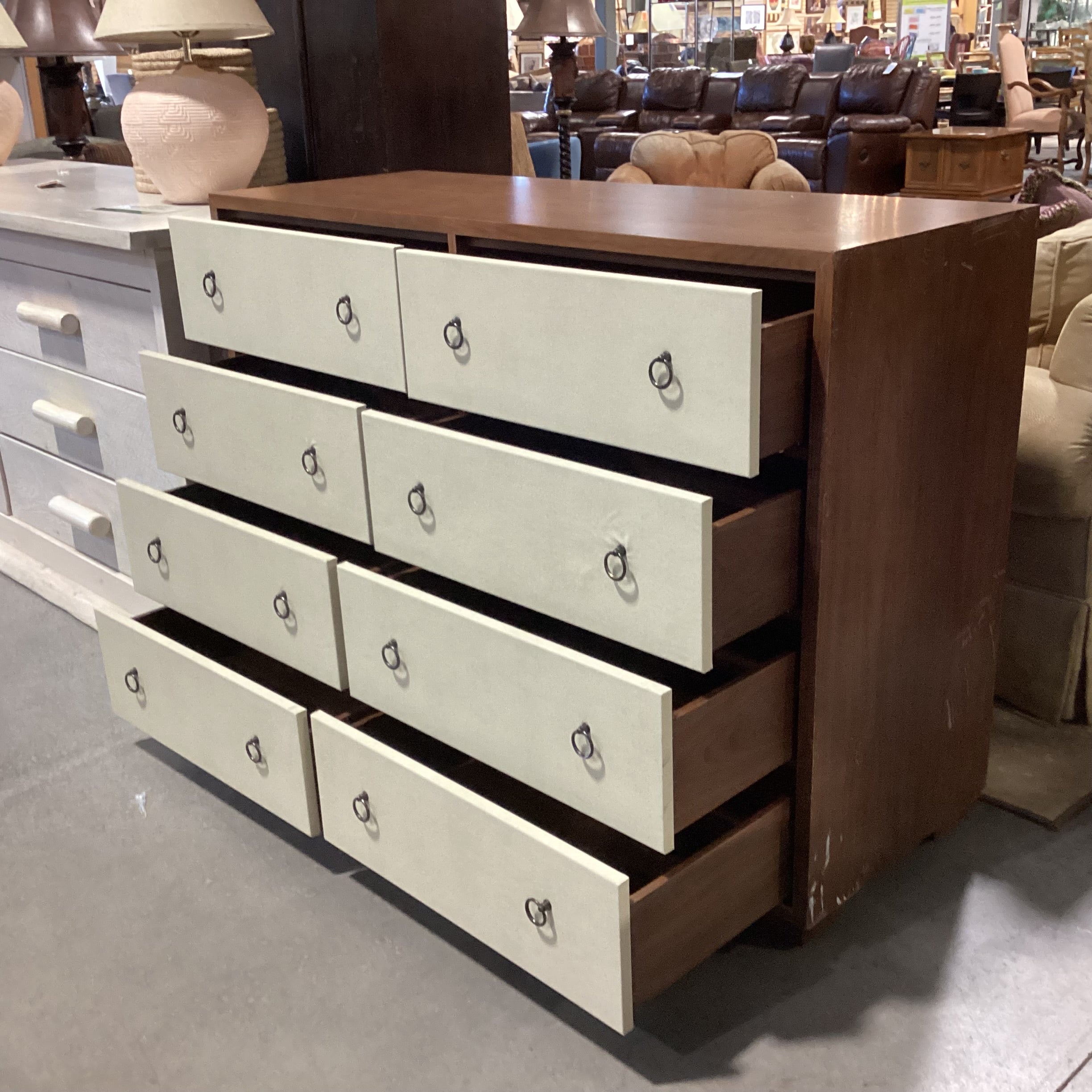 Finished Wood With Cream Faux Leather 8 Drawer Dresser 54"x 22"x 42"