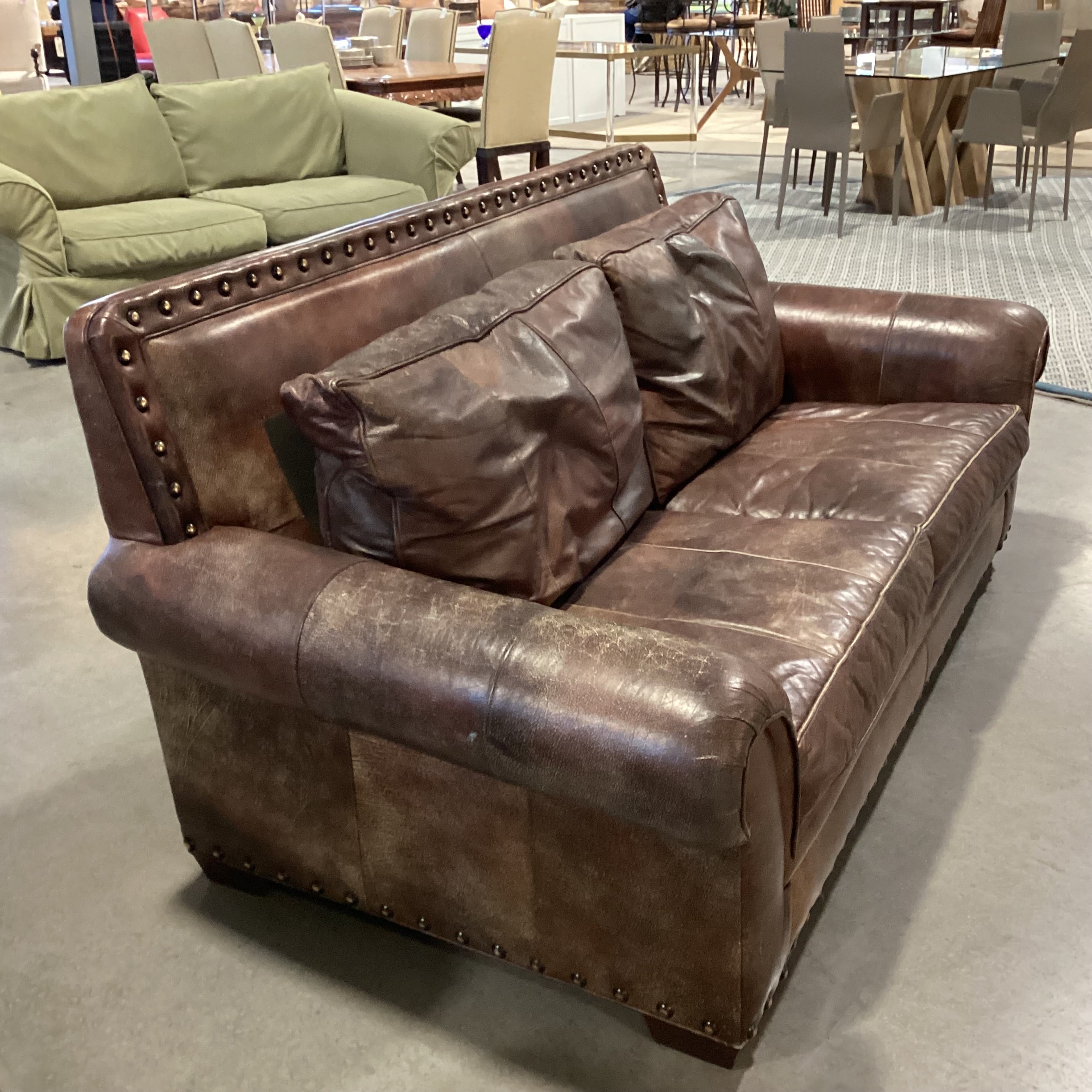 Distressed Leather Nailhead Highback Sofa 80"x 41"x 36"