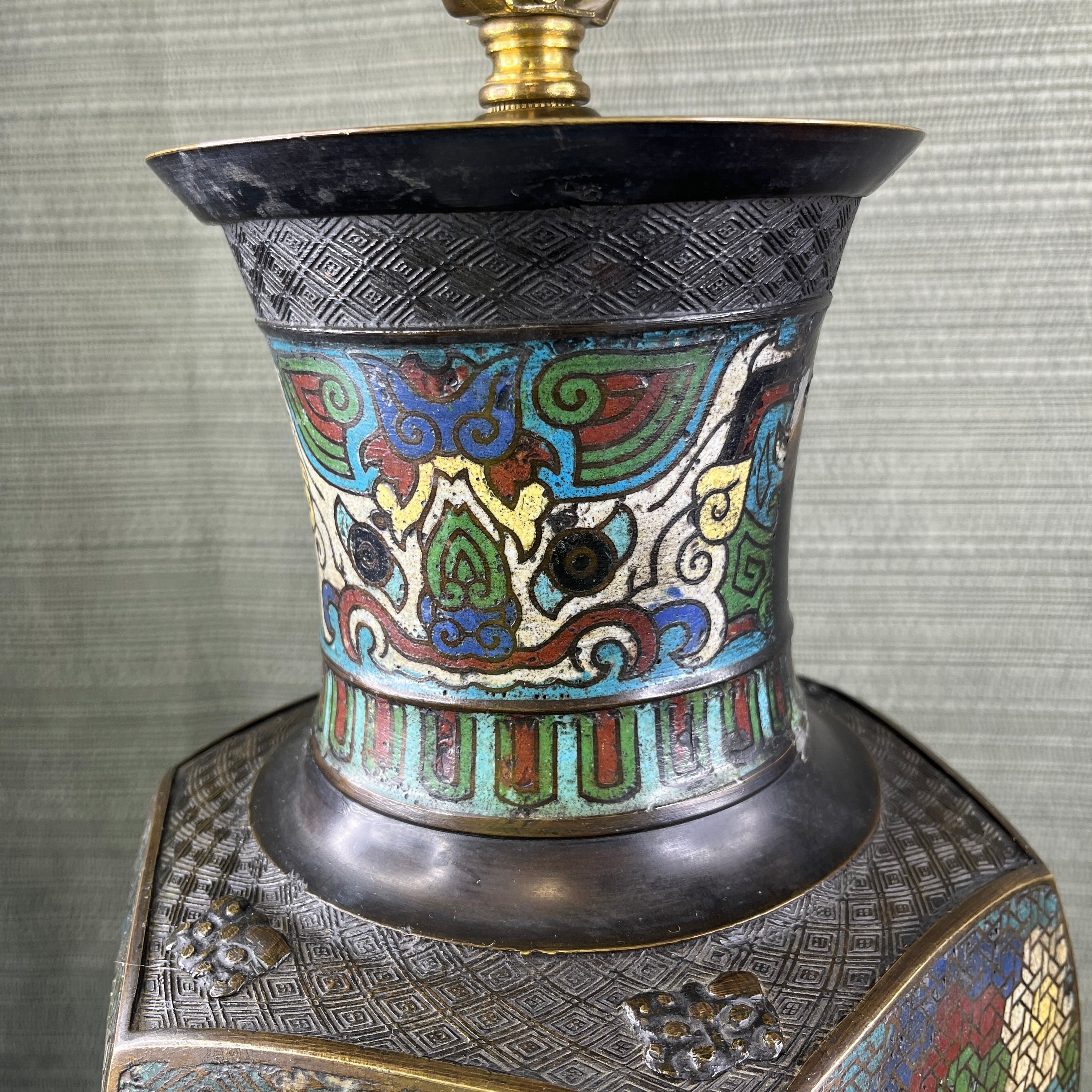 19th Century Multi Colored Cloisonne Enamel Patina Bronze Oriental Vase Table Lamp 9" Diameter x 21"