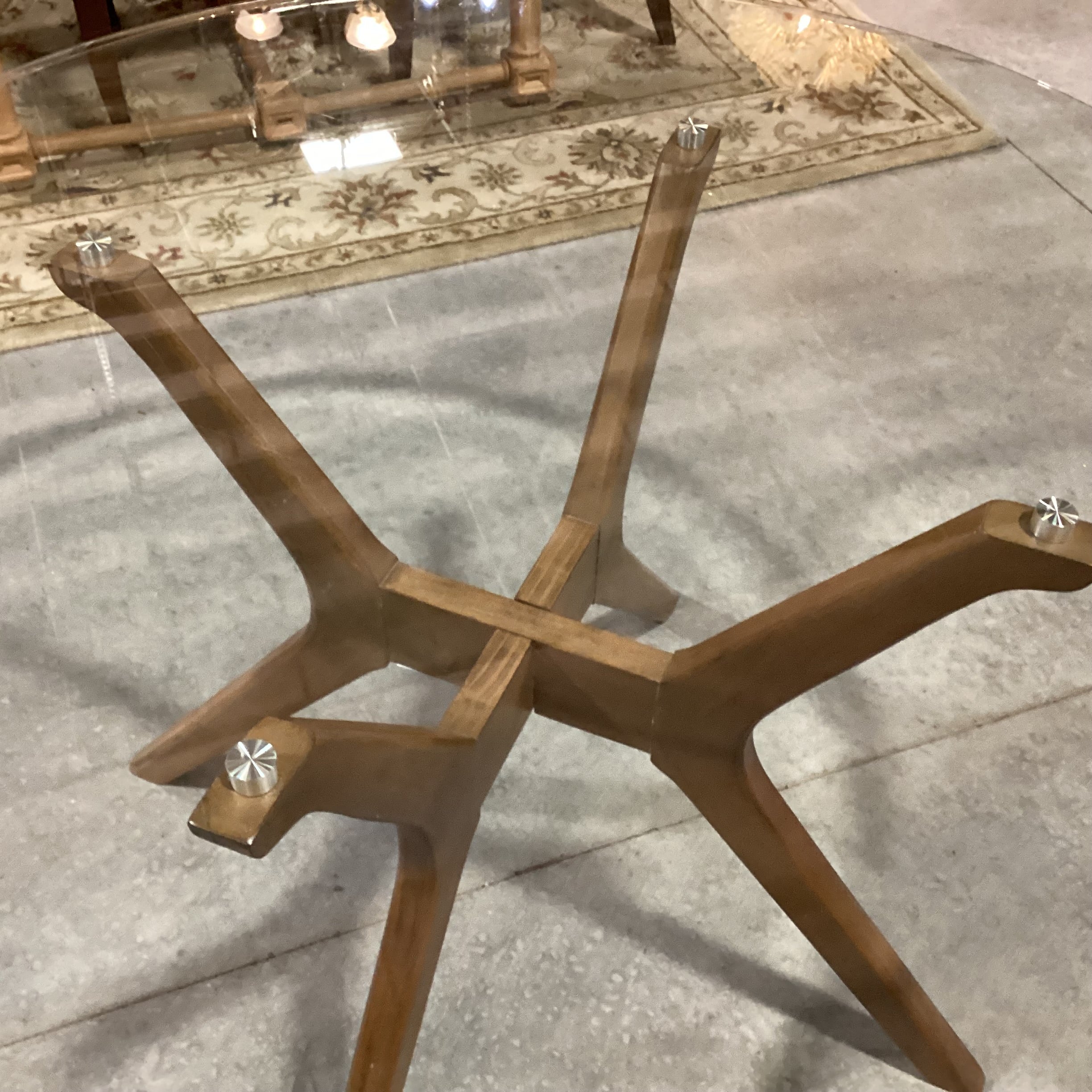 Mid Century Style Round Glass & Wood 4 Leg Pedestal Dining Table 48" Diameter x 30"