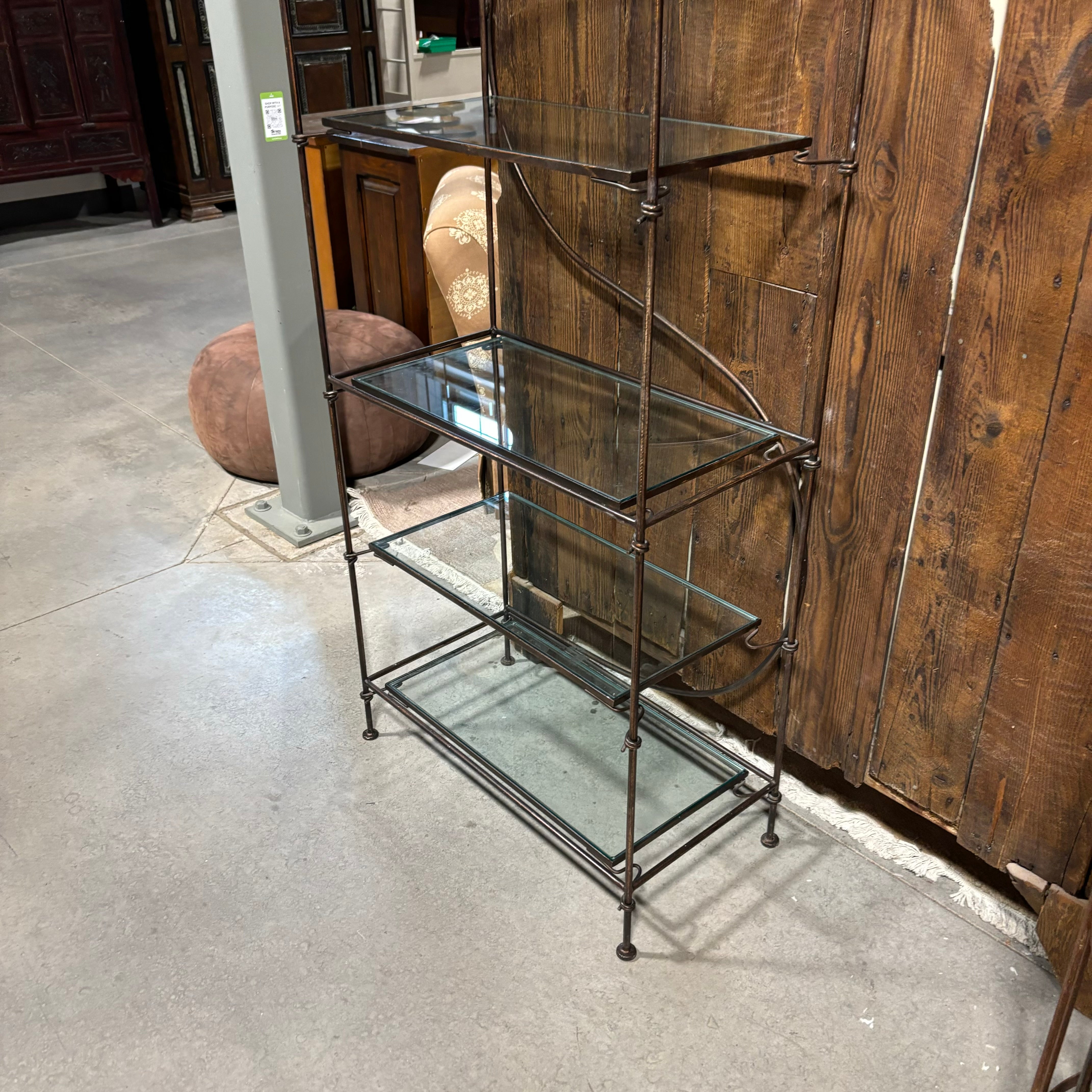 Ornate Wrought Iron & Glass 5 Shelf Display Bookshelf 38"x 19"x 81"