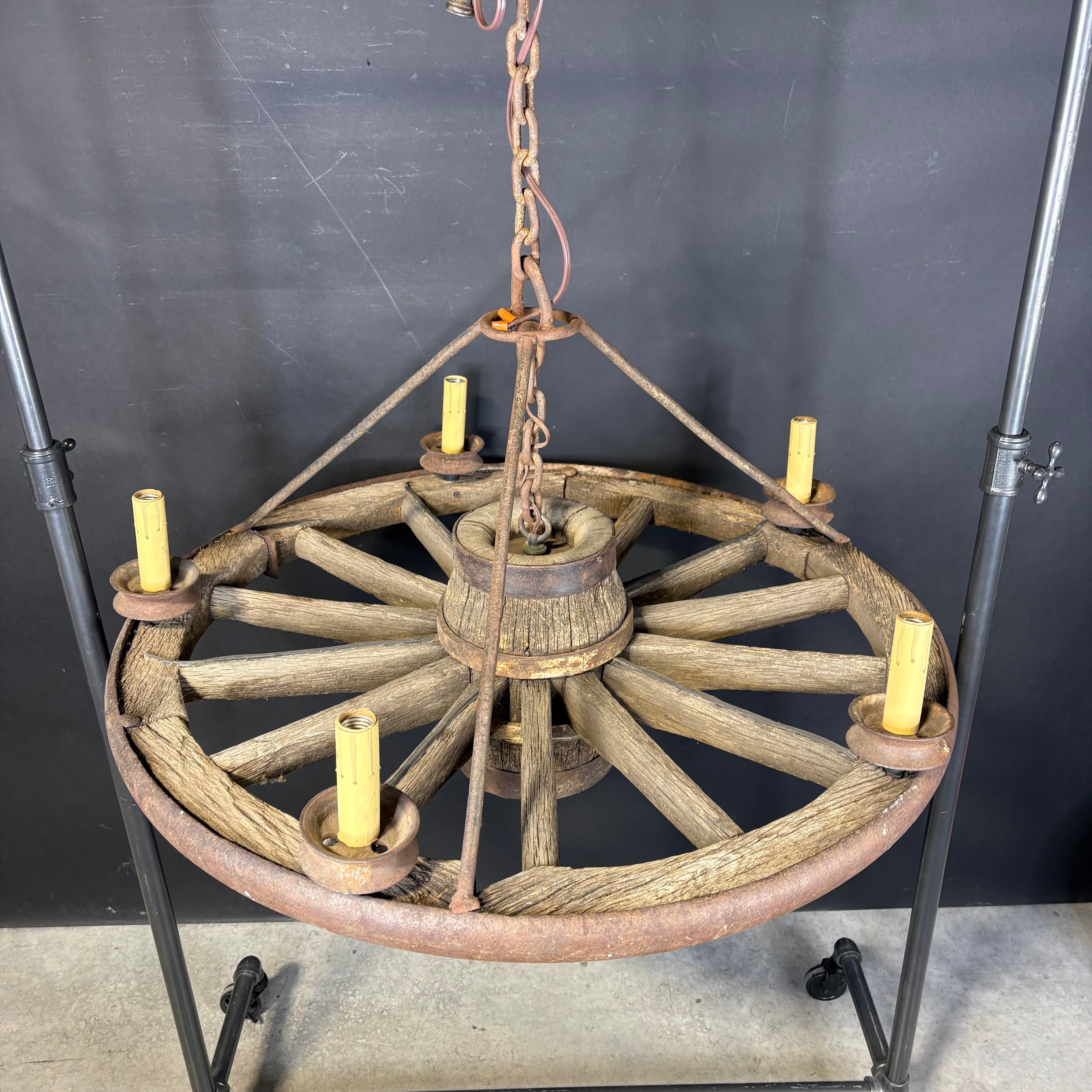 Antique 5-Light Wood and Iron Wagon Wheel Chandelier 37” Diameter x 45”
