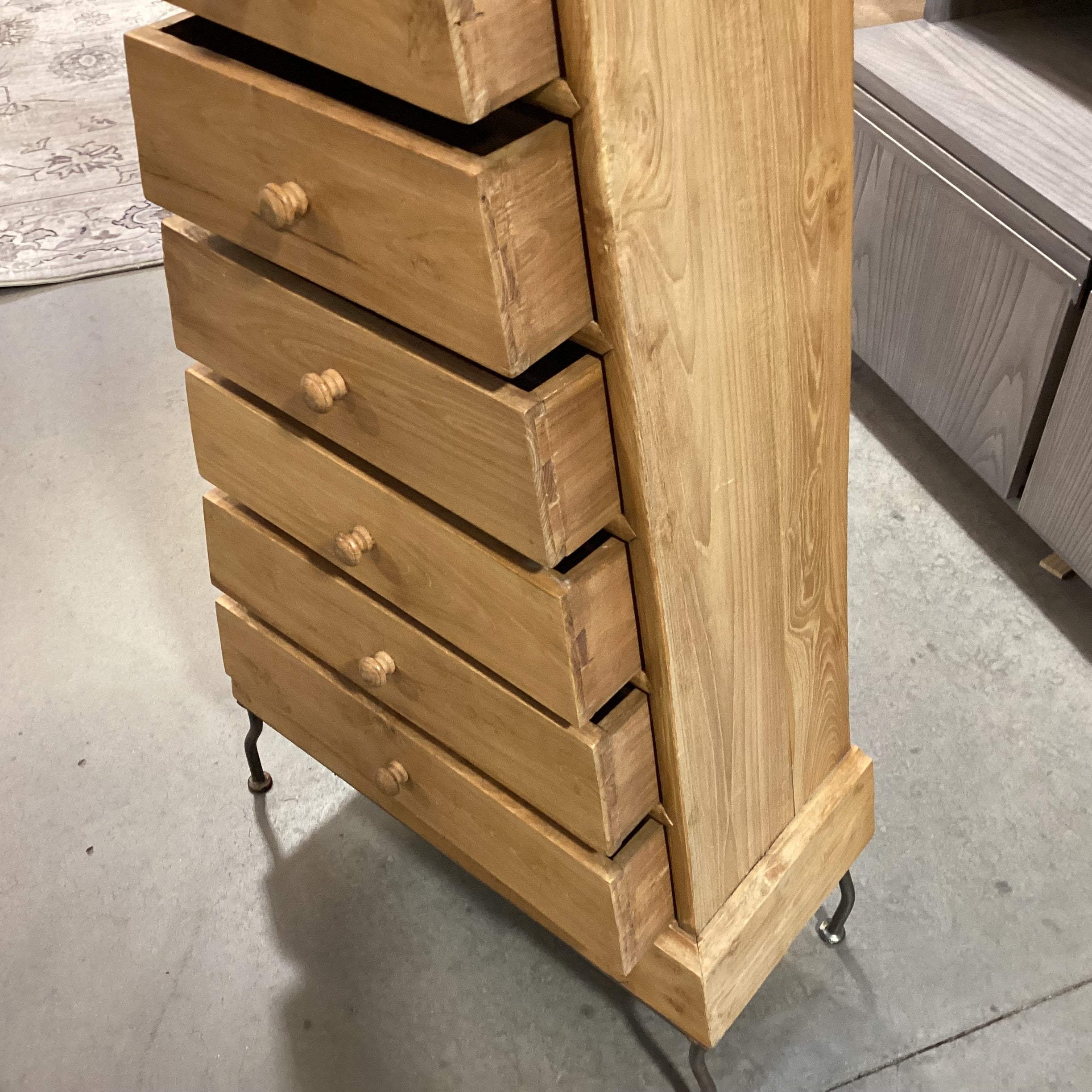 Pyramid Natural Wood & Iron Legs 9 Drawer Chest 24"x 10.5"x 70.5"