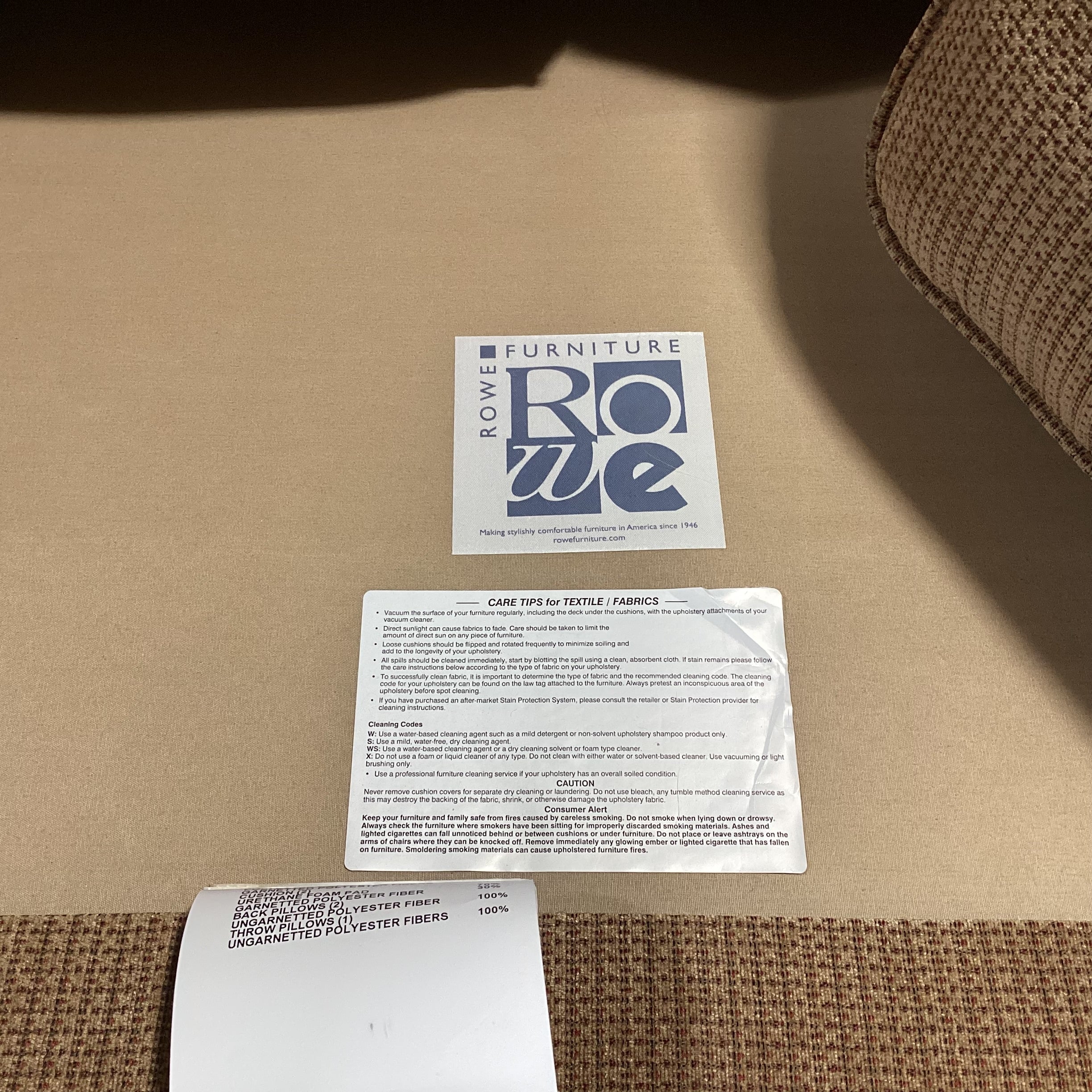 Rowe Furniture Tan Woven 4 Piece with Chaise Sectional 42"x 108"x 70"x 40"x 31"