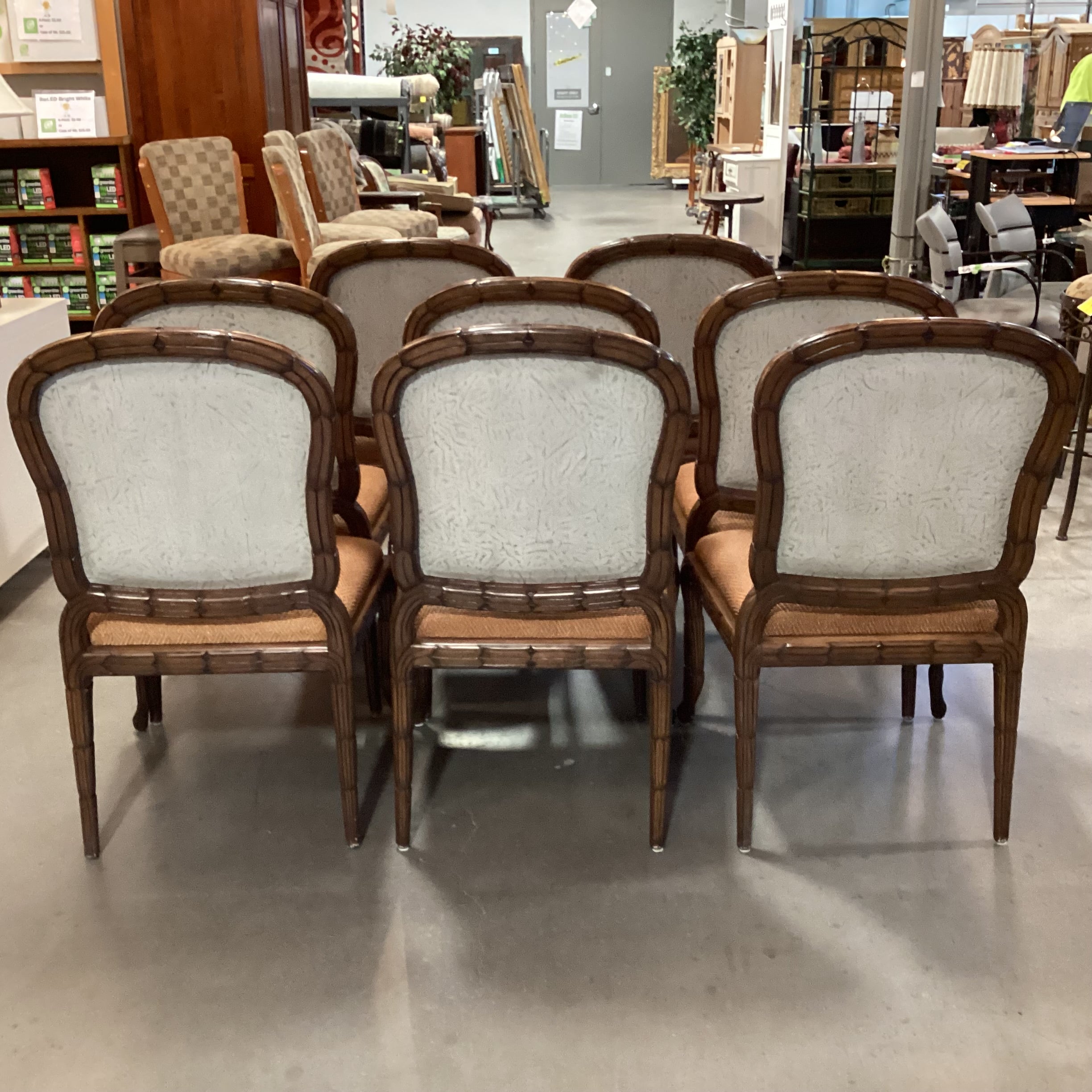 SET of 8 Ornate Carved Wood with Leather  Woven Seat & Suede Back Dining Chairs 24"x 22"x 40"