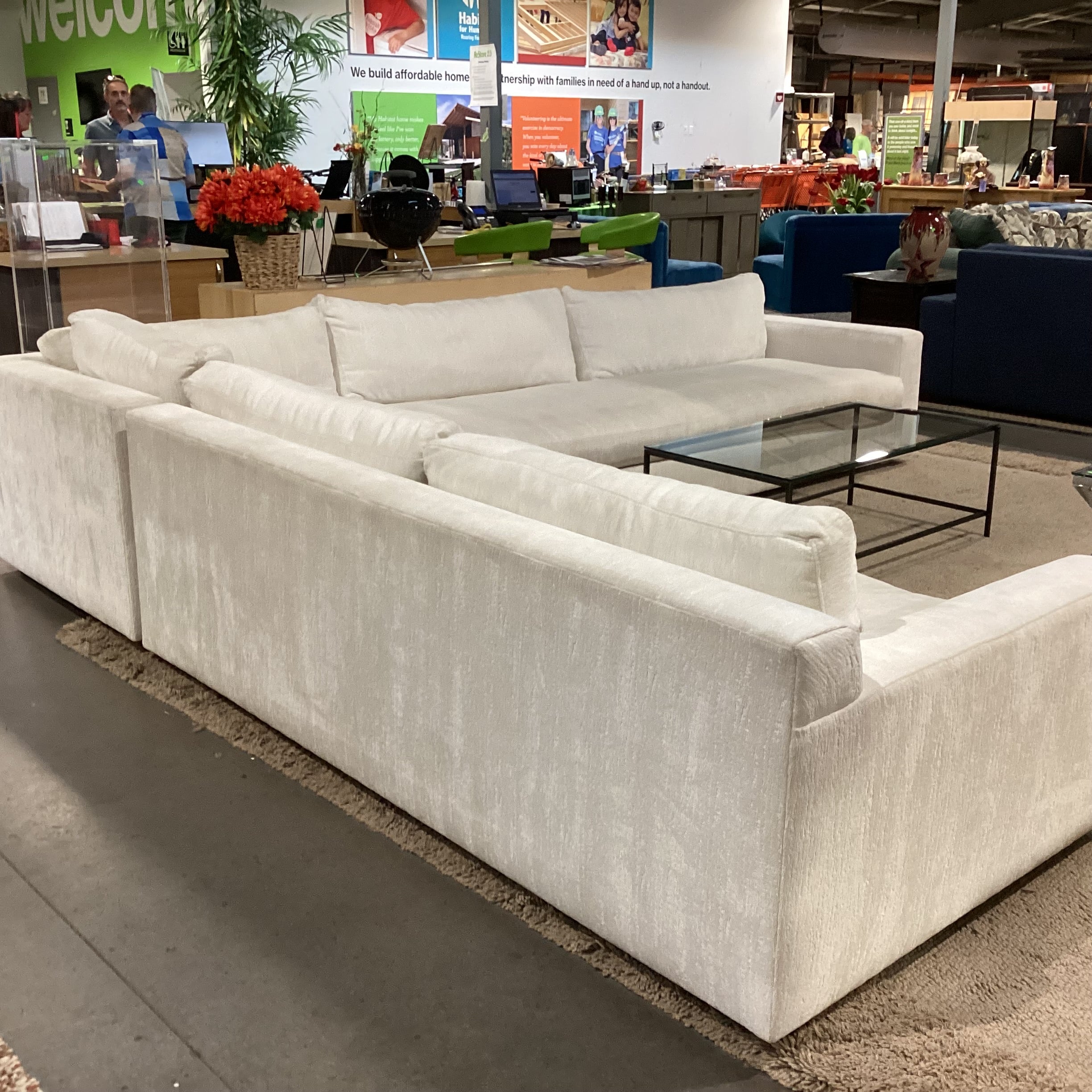 Custom Ivory Raised Texture Velvet Down Mix 3 Piece Sectional 146"x 134"x 45"x 29"