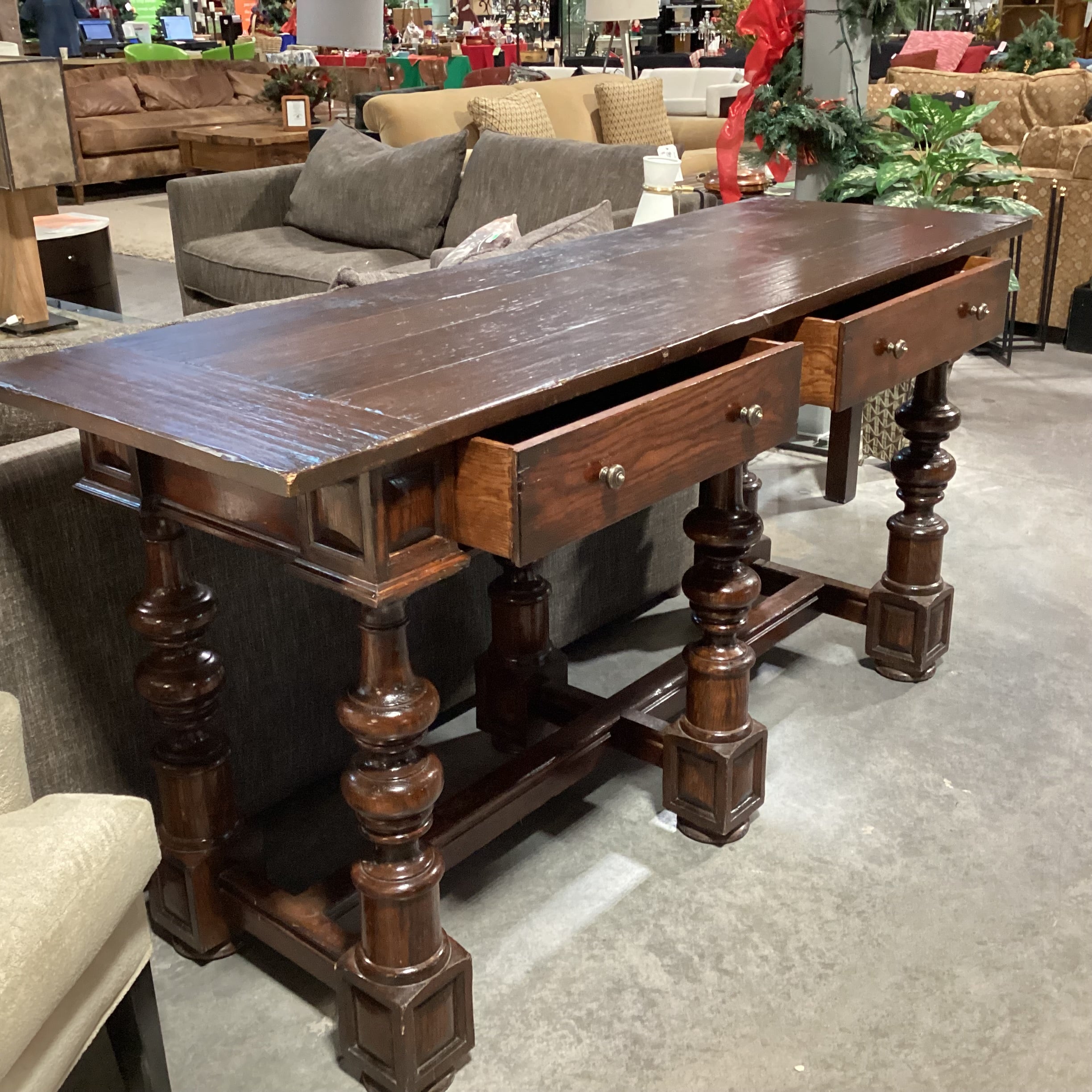 Carved Wood 2 Drawer with Ornate Legs & Trestle Sofa Table 72"x 24"x 36"