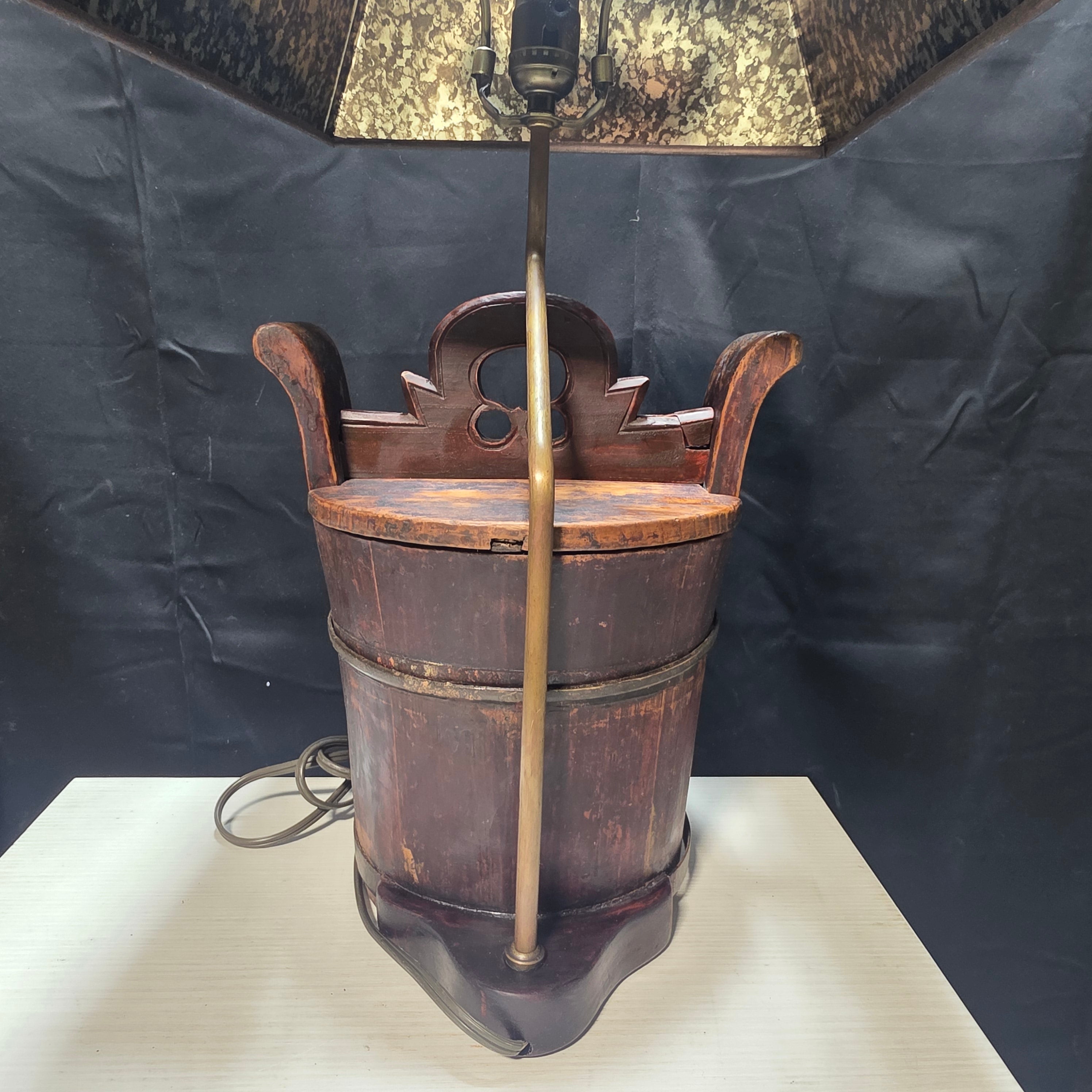 Unique Antique Chinese Rice / Water Bucket Turned into a Lamp 8.25"x10"x25"