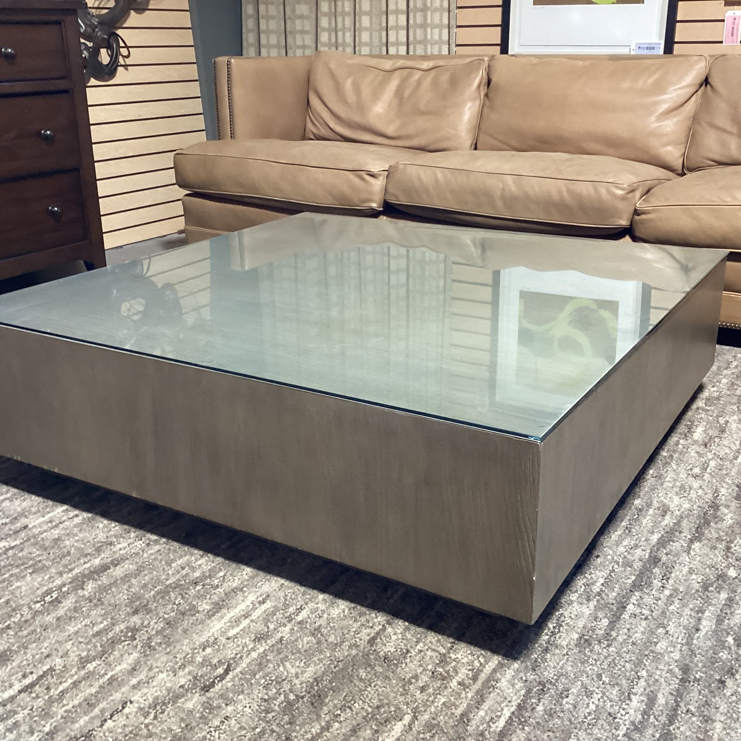 Modern Grey Sage Finished Oak & Glass Top Coffee Table 48"x 48"x 14.5"