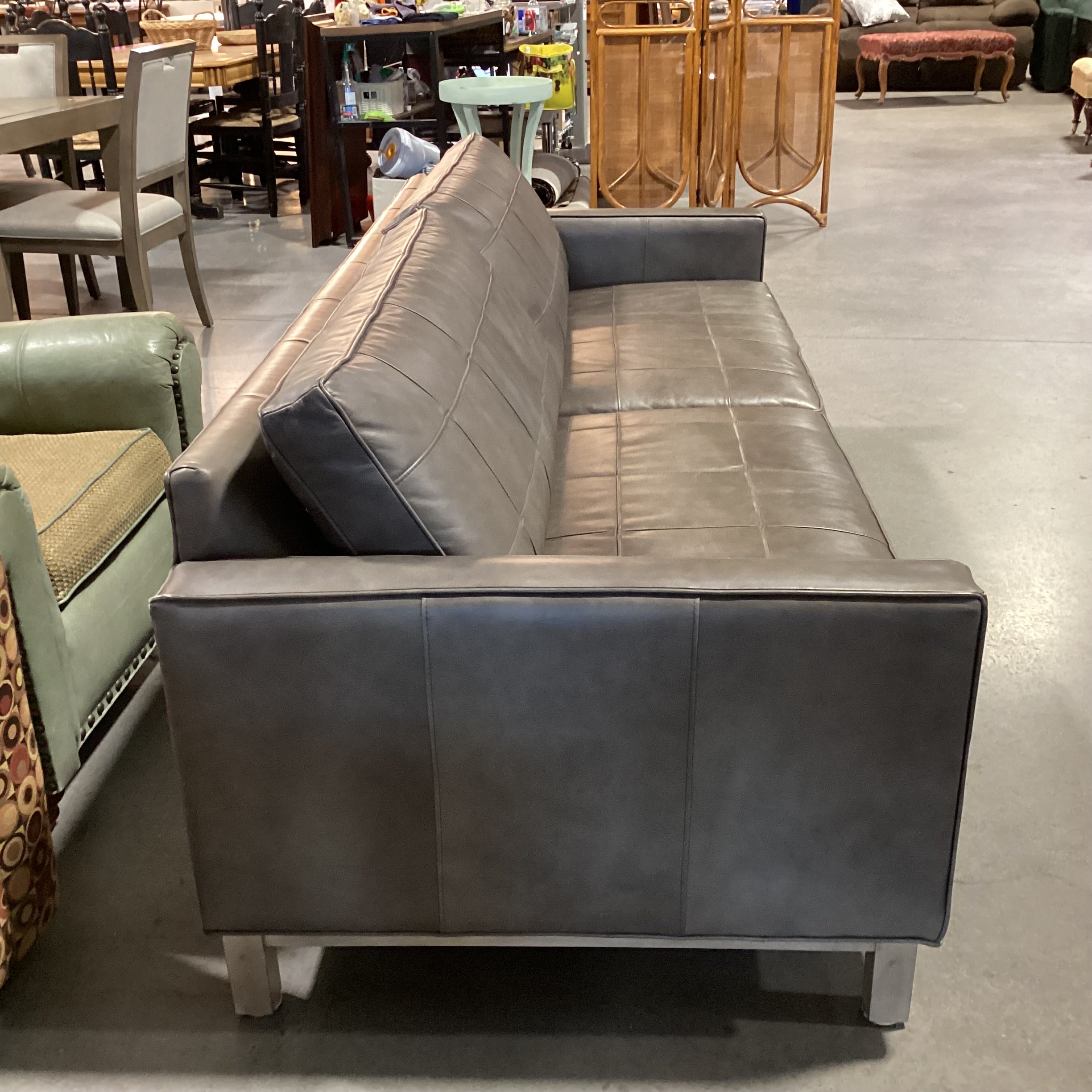 Ethan Allen Modern Grey Grid Stitched Leather Sofa 87"x 36"x 29"
