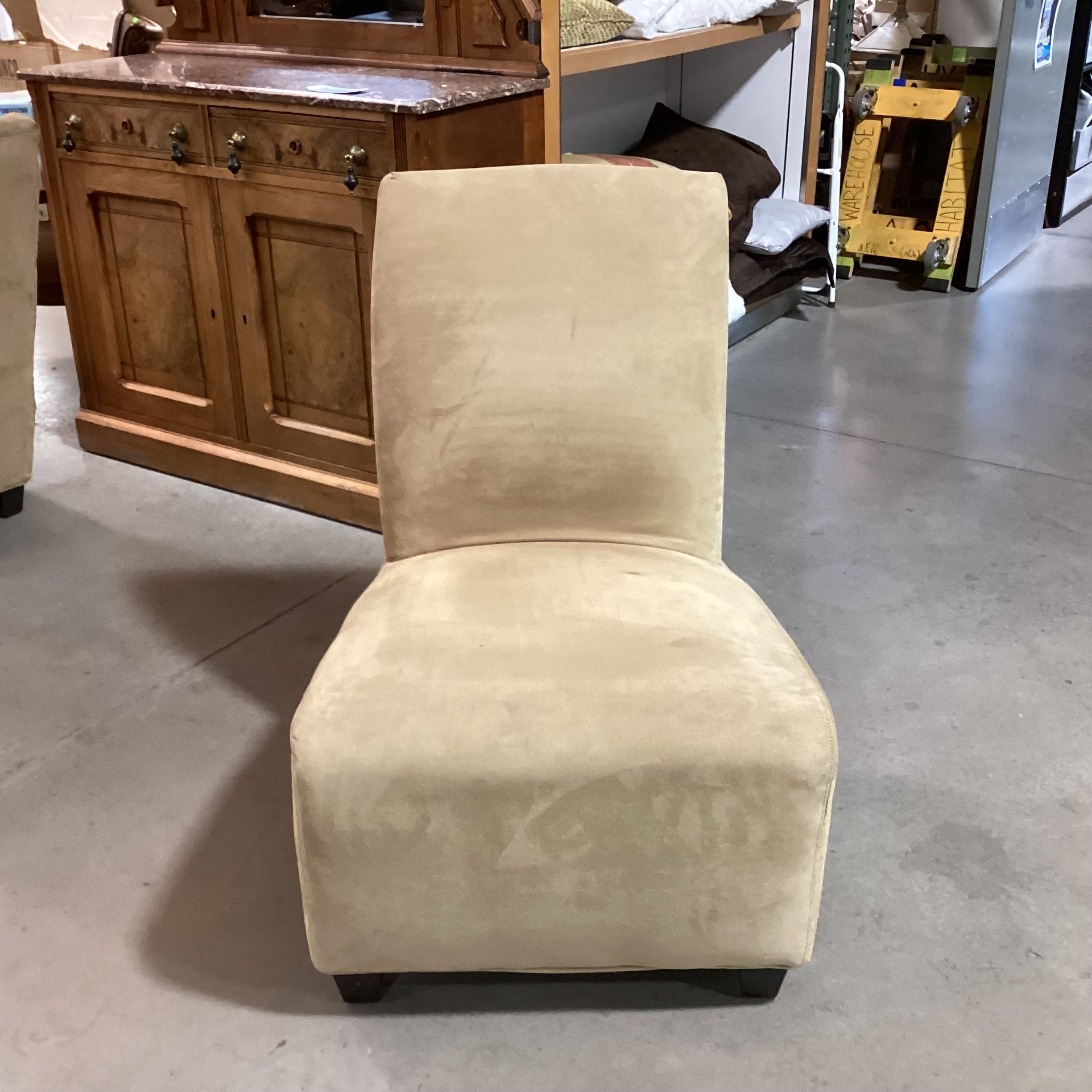Golden Tan Suede Slipper Style Chair 26"x 32"x 36"