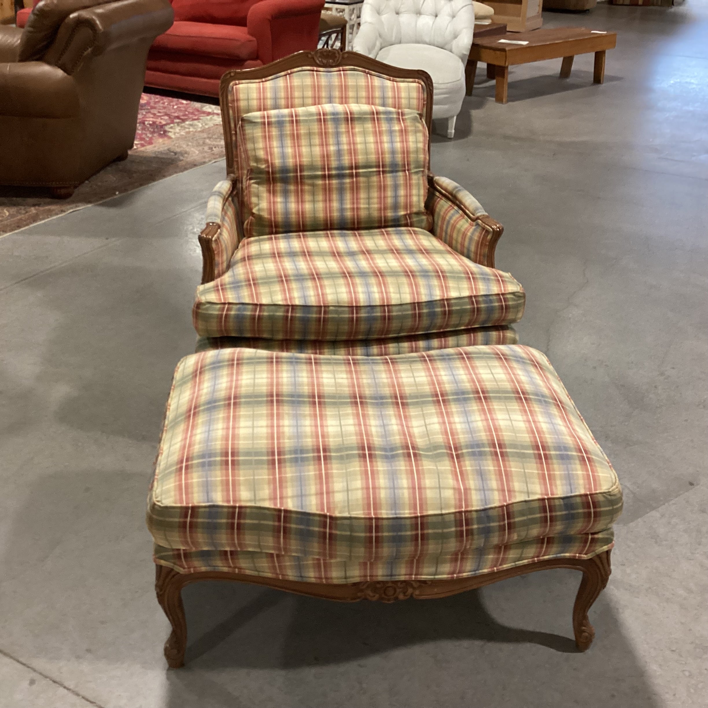 French Provincial Style Carved Wood & Plaid Down with Ottoman Chair 37"x 34"x 38"