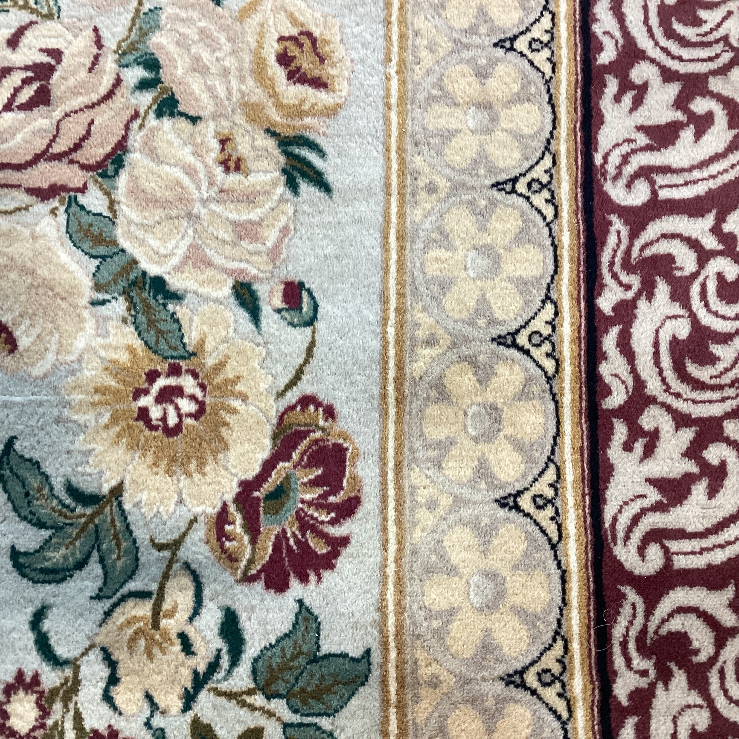 Cream Gold Burgundy & Green Floral Woven Wool Rug 10' x 14'