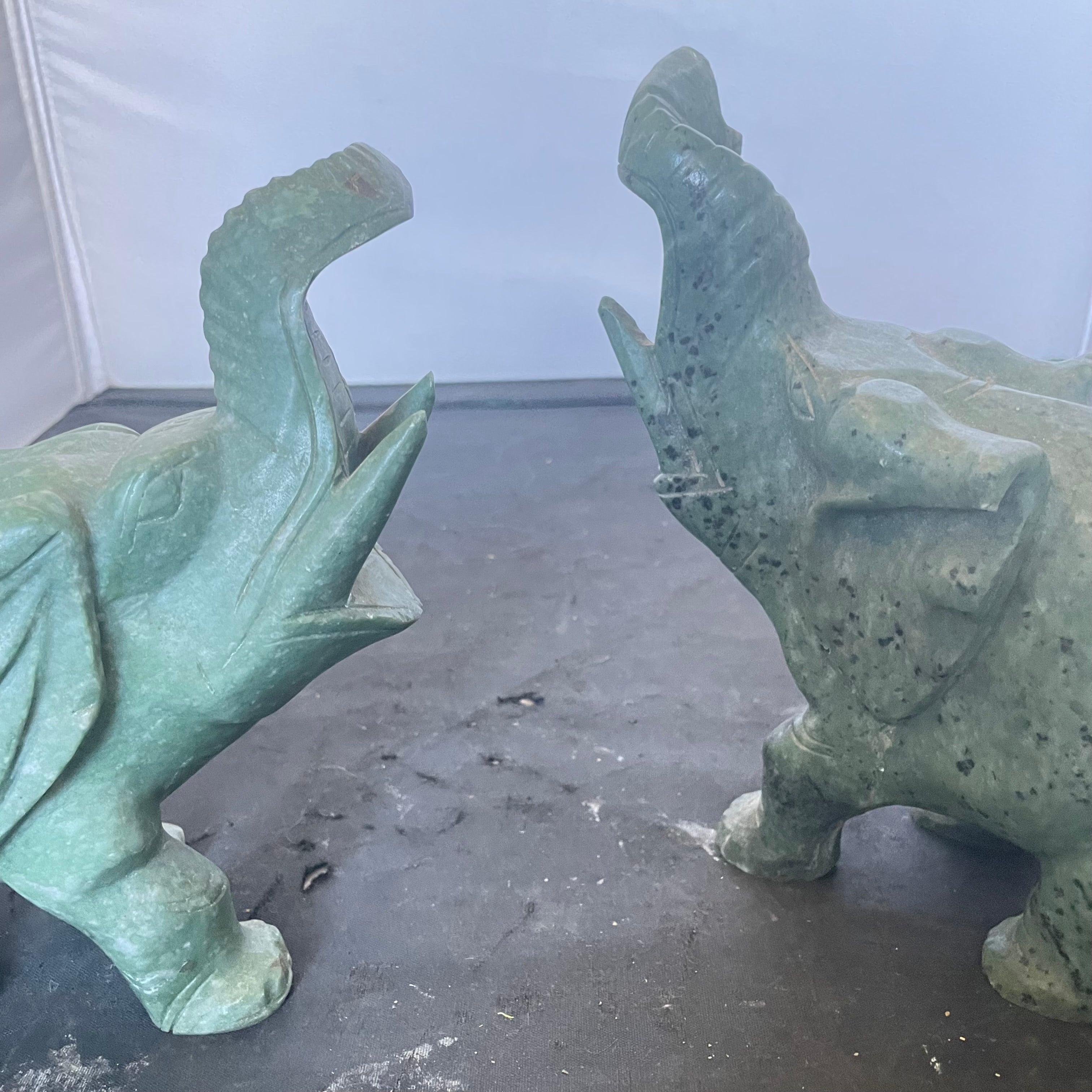 Hand Carved Spinach Jade or Verdite Elephant Figurines, Pair
