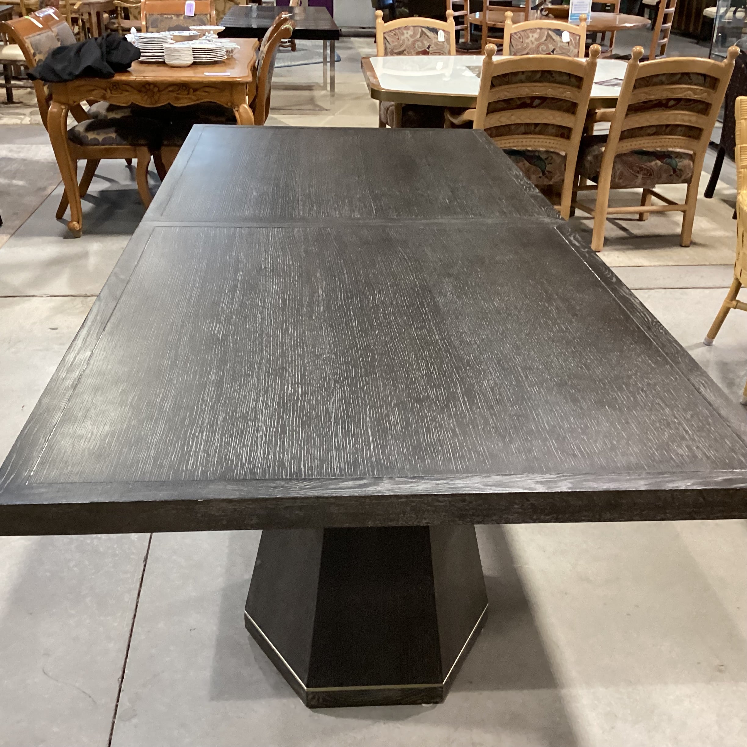 Mitchell Gold & Bob Williams Modern Cerused Charcoal Finish Oak Geometrical Pedestals with Brass Emerson Dining Table 96" to 132"x 42"x 30.5"