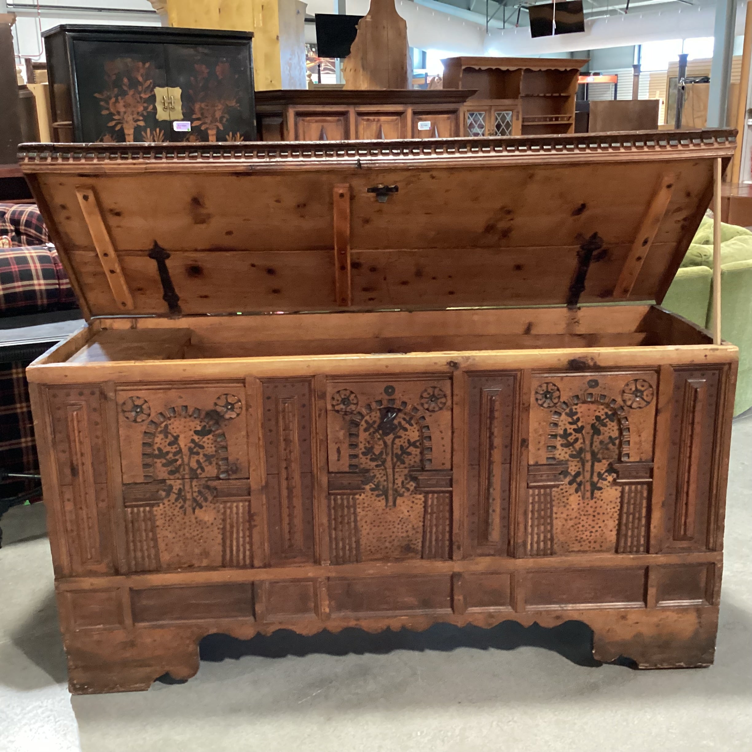 Antique 18th Century European Carved Wood Floral Panels Dental Detail Chest Trunk 70"x 27"x 36.5"
