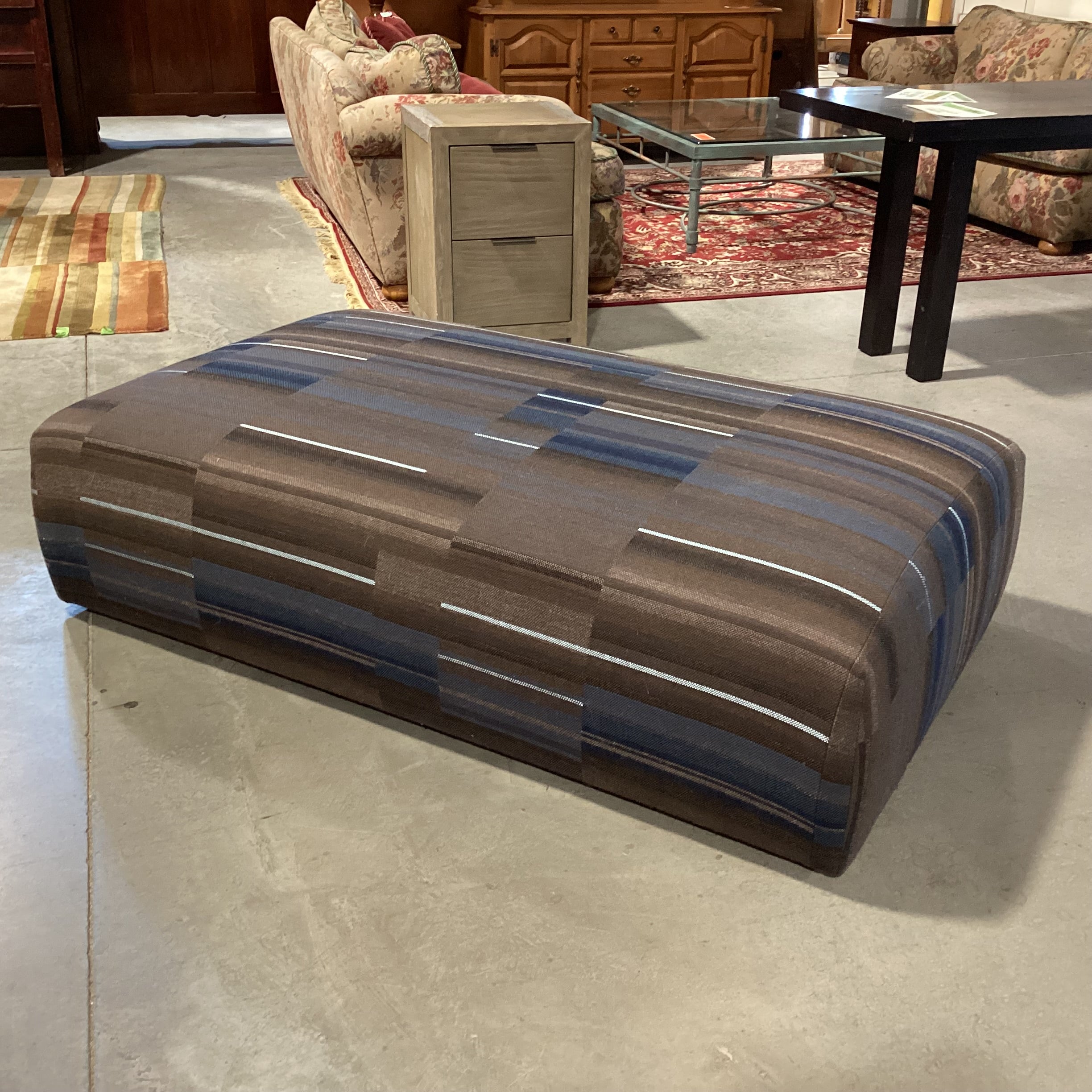 Custom Brown Taupe & Blues Woven Modern Cocktail Ottoman 61"x 37"x 17"