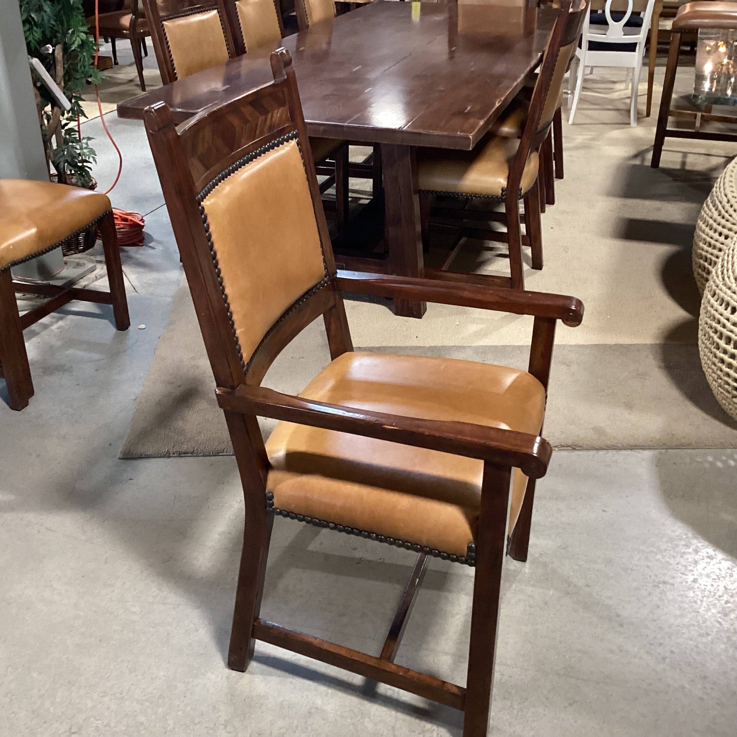 Theodore Alexander Rustic Distressed Trestle Table & 10 Leather Nailhead Carved Wood Chairs Dining Set 108"x 44"x 31"