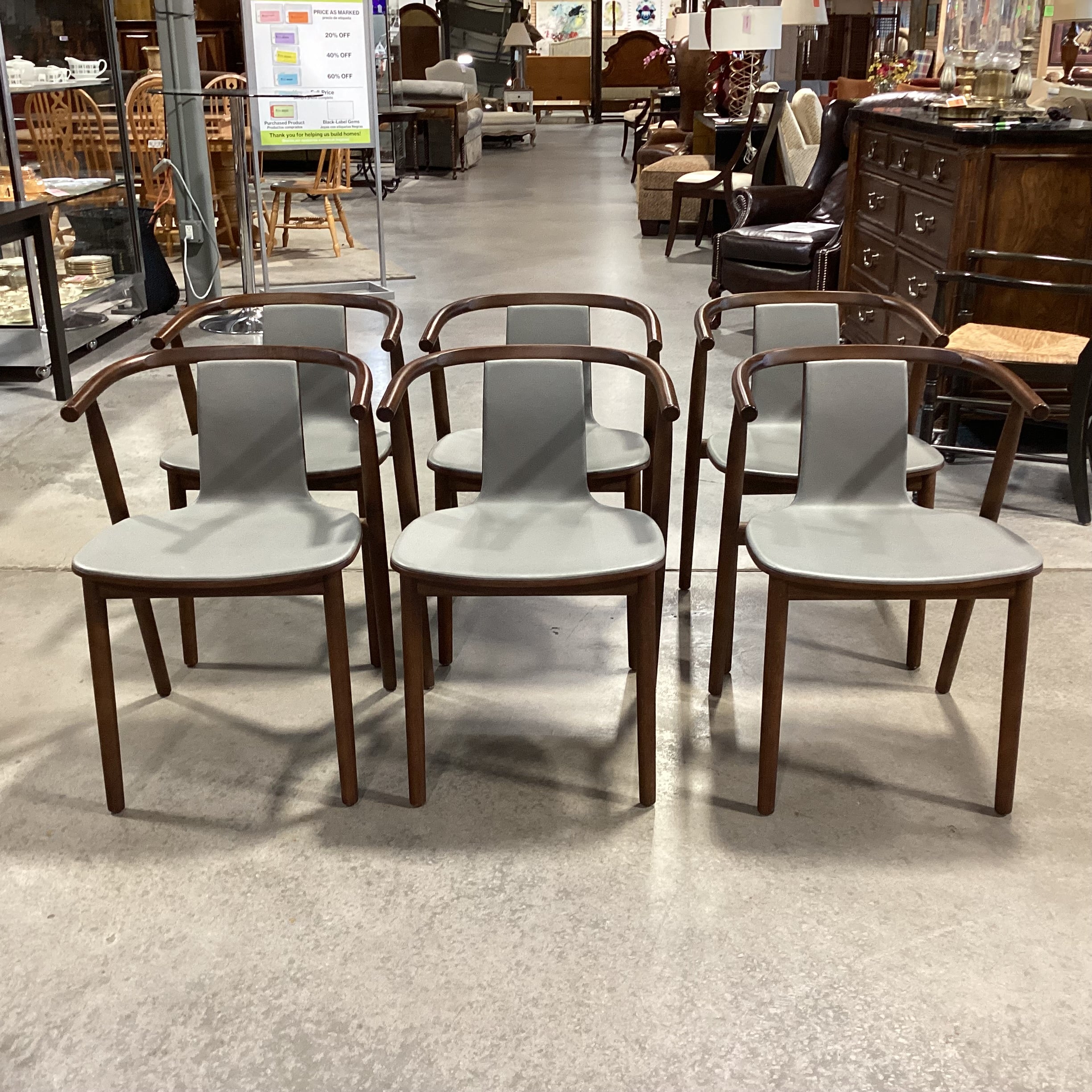 SET of 6 Cappellini Bac Grey Leather & Walnut Modern Dining Chairs 21"x 20"x 29"