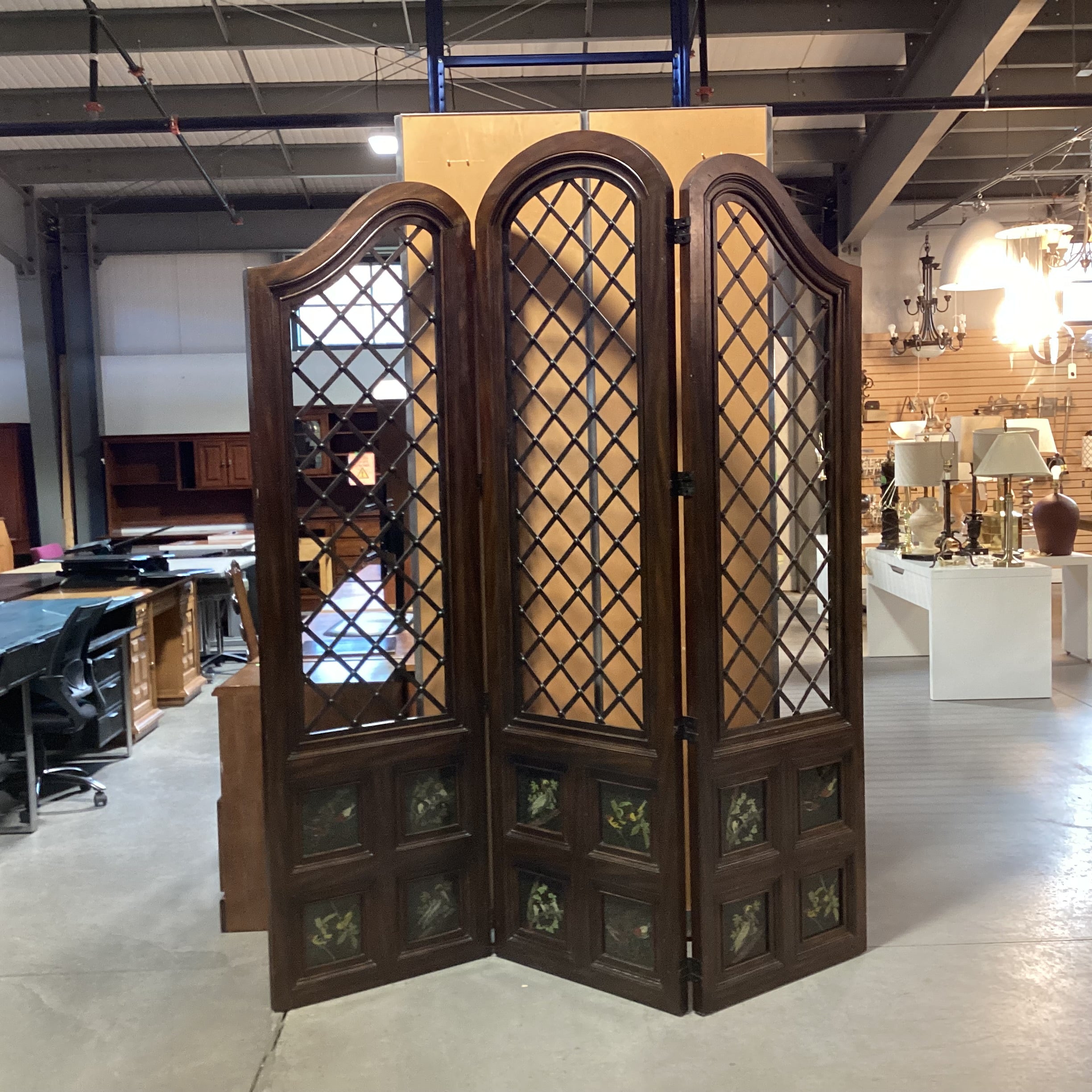 Maitland Smith Carved Wood Metal Lattice & Bird Painted Glass Panes 3 Panel Room Divider 26"x 91.5" Per Panel