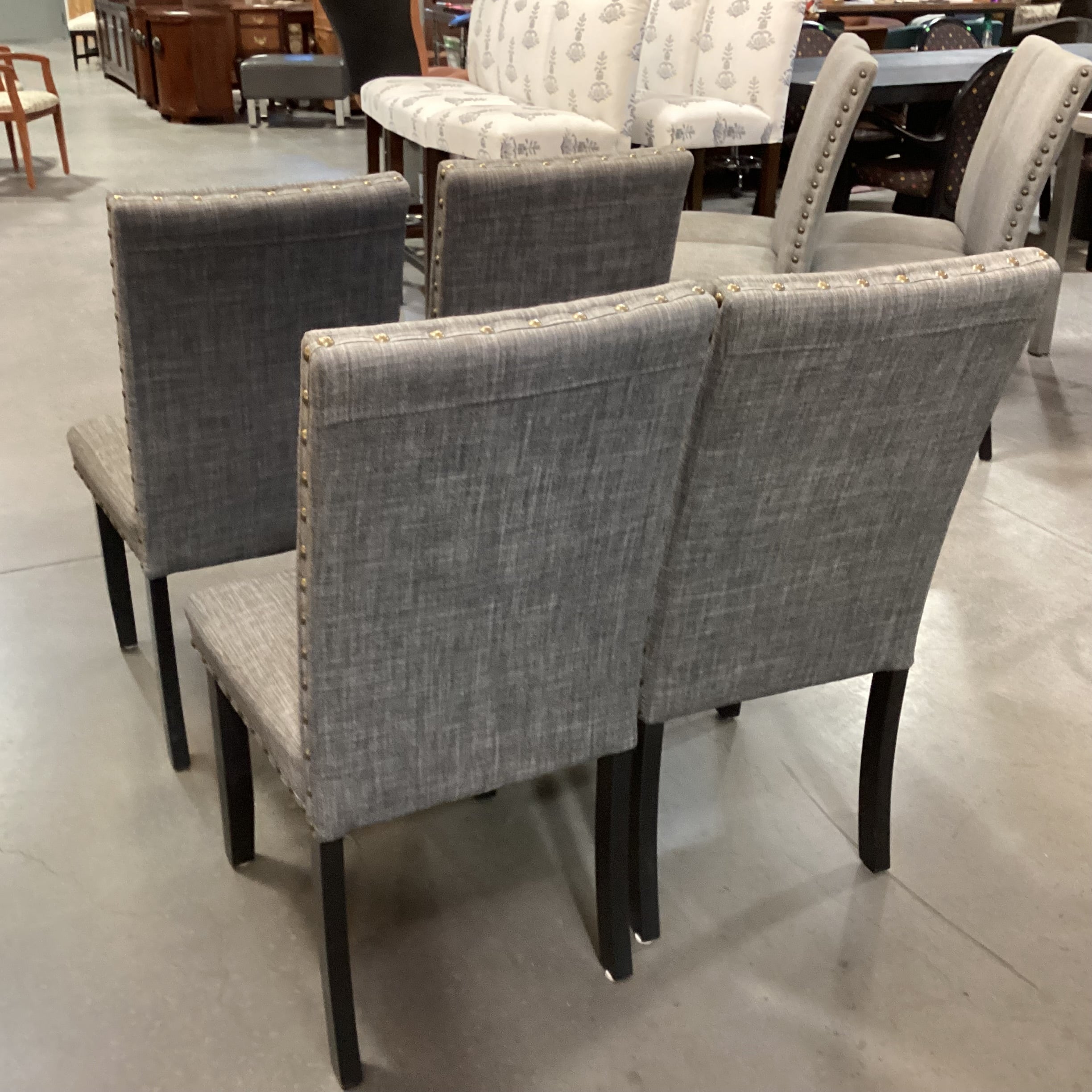 SET of 4 Charcoal Woven Nailhead & Black Wood Legs Dining Chairs 19"x 24"x 38"