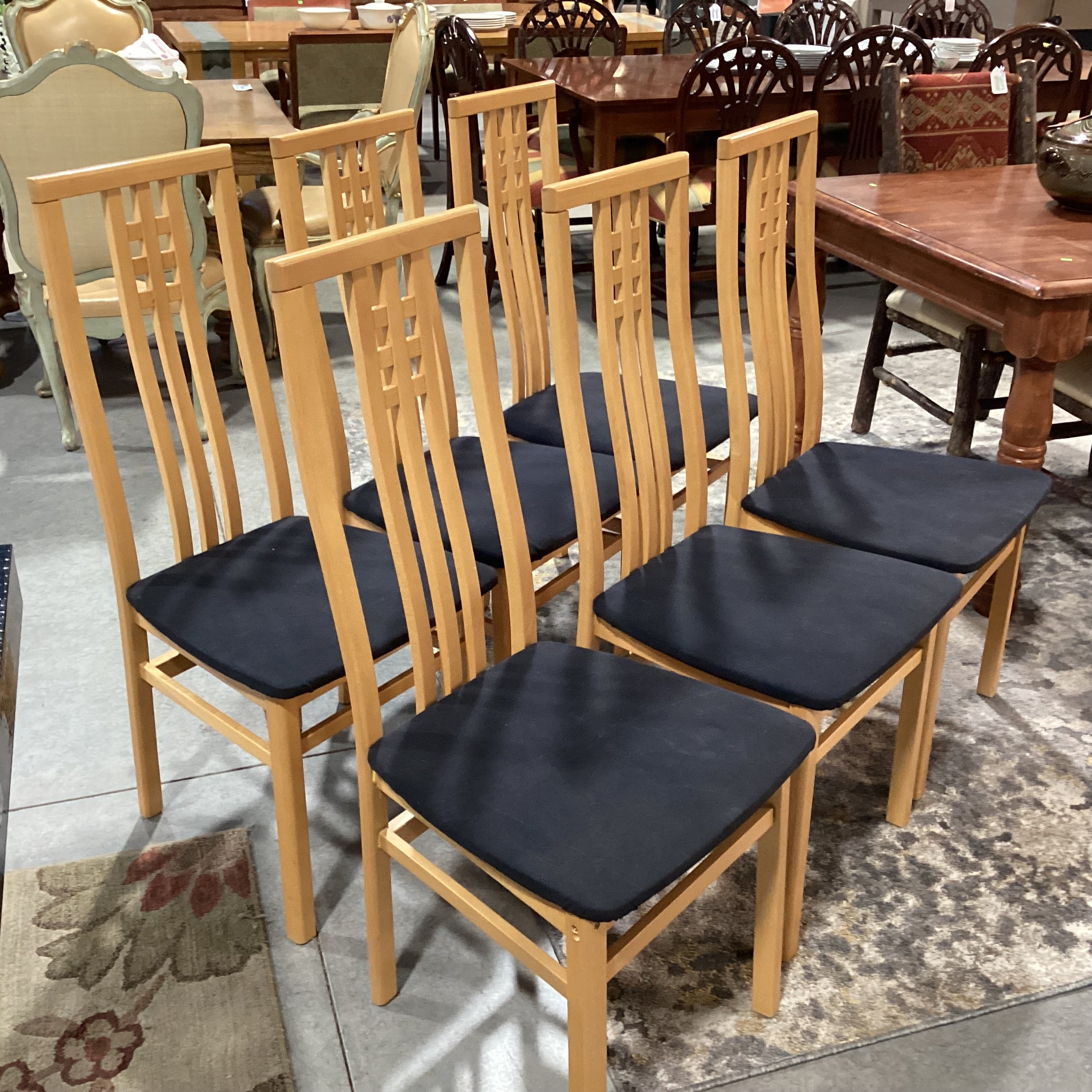 SET of 6 IMS SRL Made in Italy Arts & Crafts Style Italian Teak & Black Canvas Dining Chairs 18"x 21"x 42"