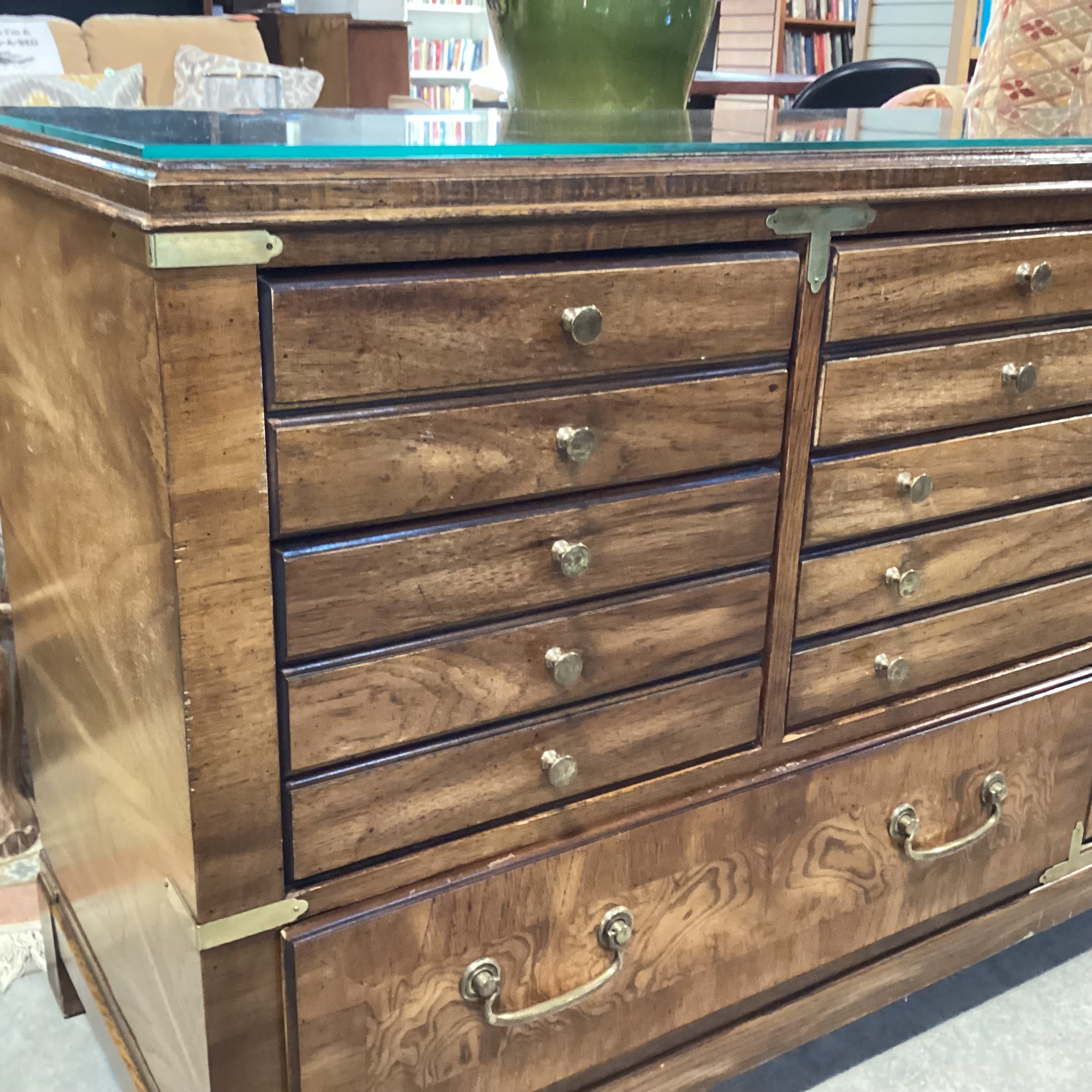 Vintage Lane Campaign Style Wood & Burl Veneer 8 Drawer with Brass Accent & Glass Top Dresser 64"x 19"x 30"