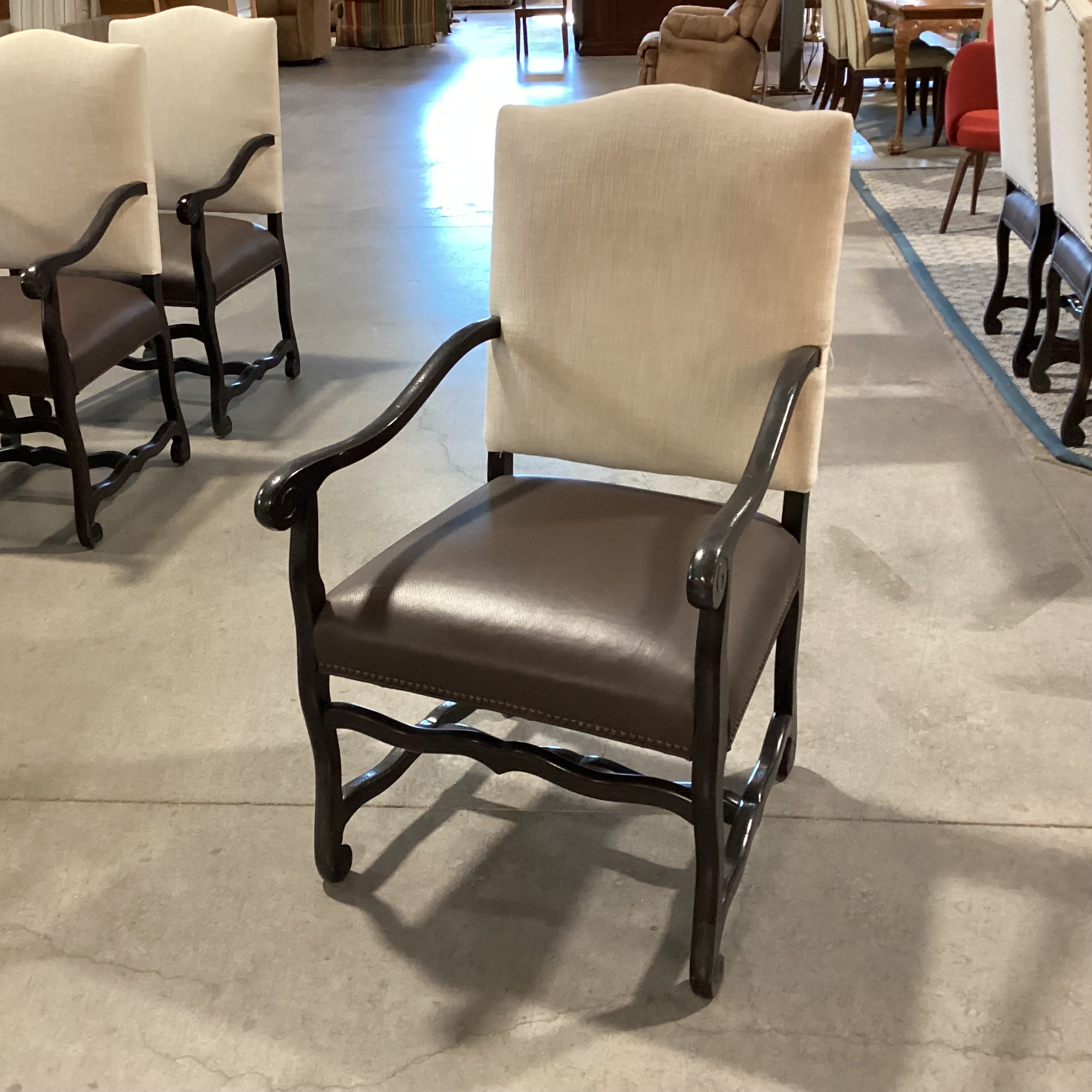 Black Carved Wood Leather Seat & Linen Nailhead Armed Dining Chair 25"x 26"x 42"