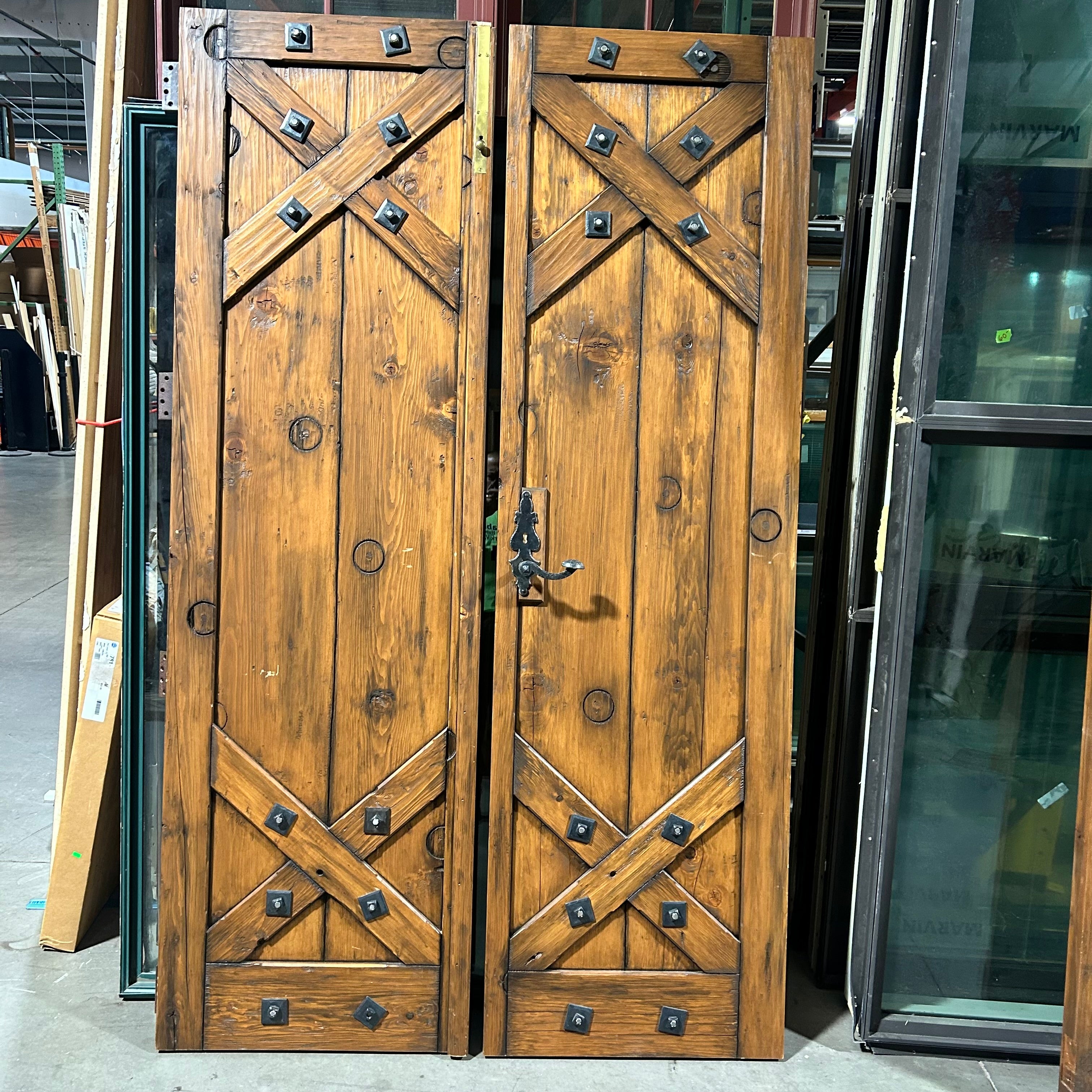 25.5"x 86.5"x 2" PAIR of Rustic Pine Closet Doors with Iron Hardware Accents