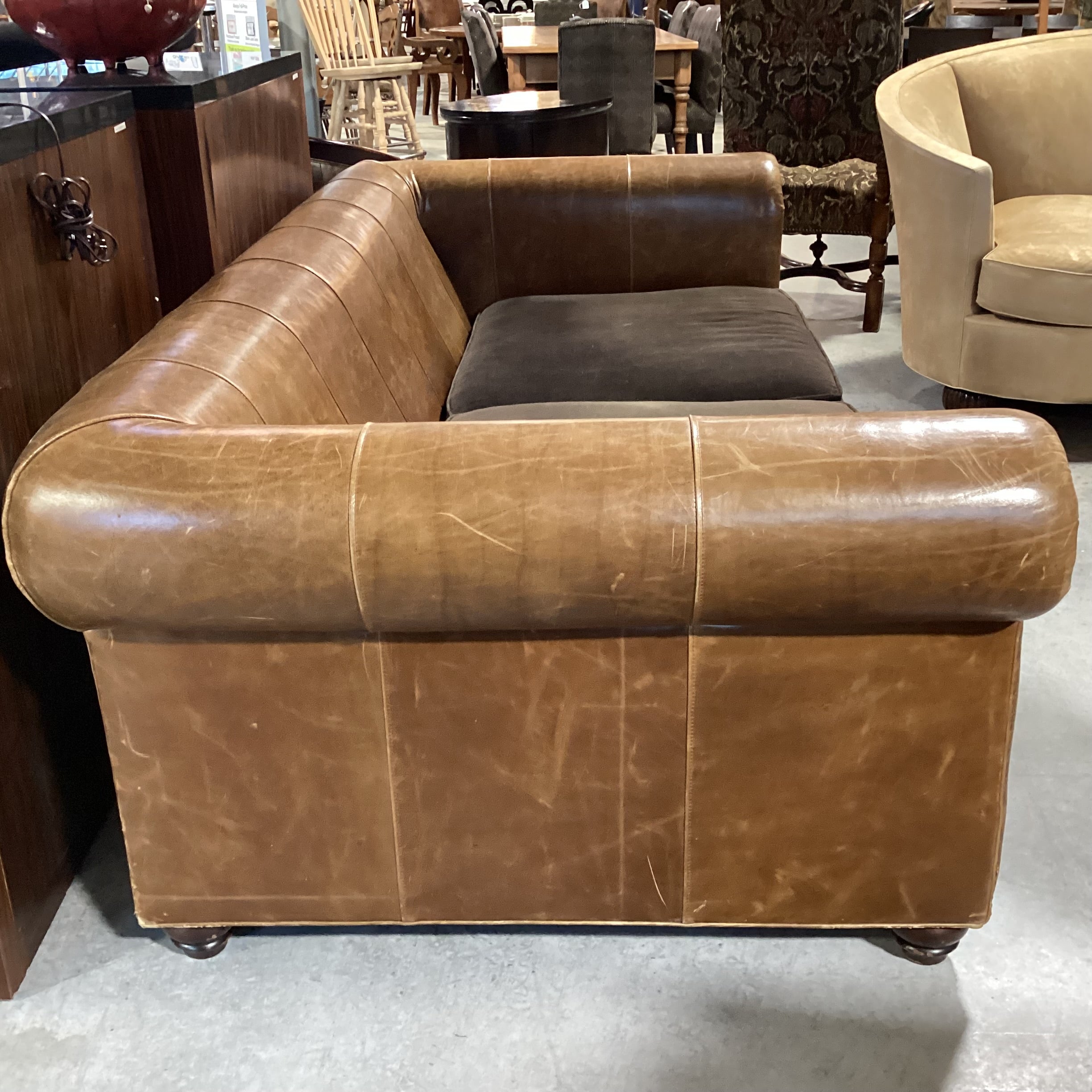 Leather Nail Head Roll Arm & Back with Brown Velvet Seat Cushions Sofa 94"x 46"x 30"