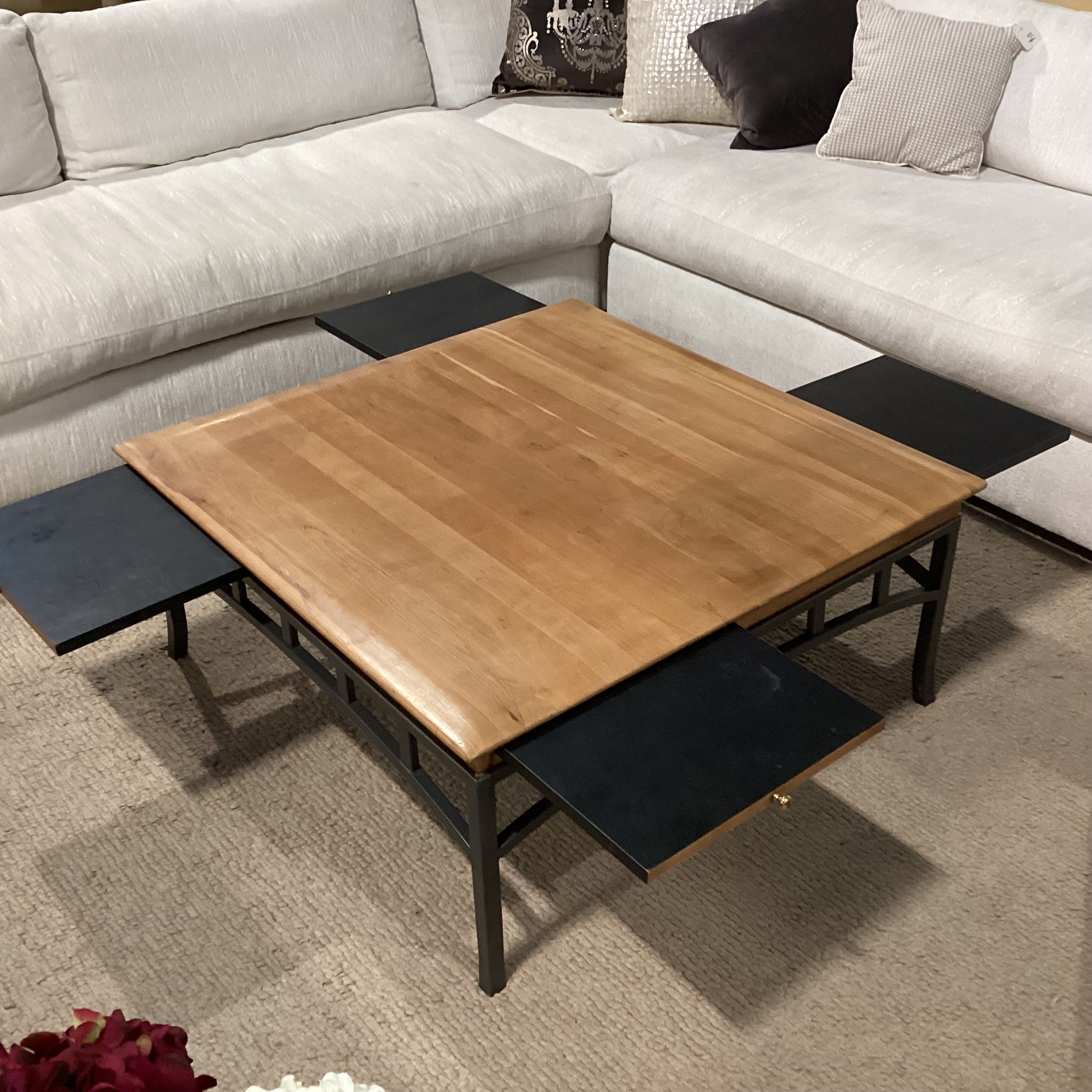 Wood & Metal with 4 Sided Pullout Top Coffee Table 38"x 38"x 17"
