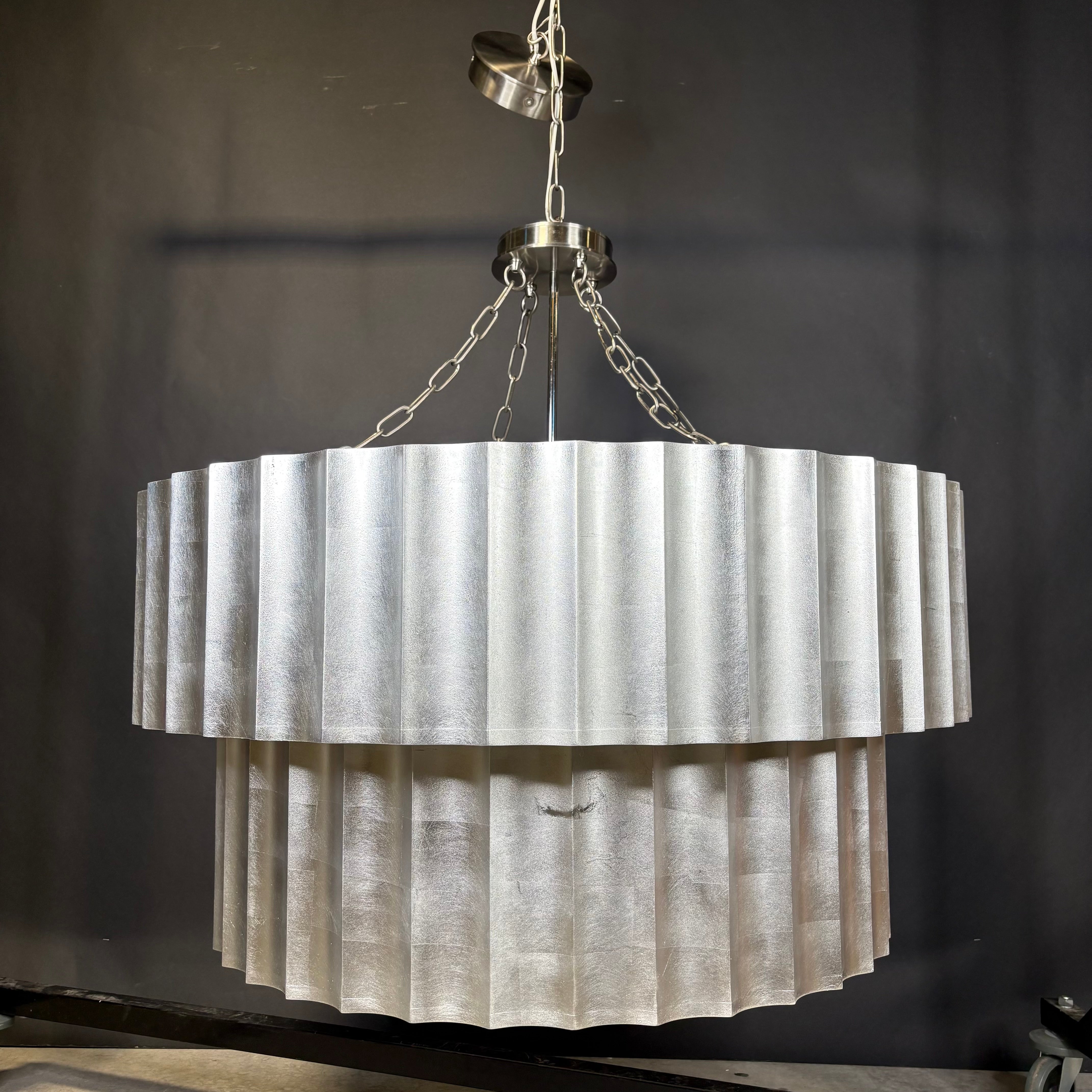 Art Deco Modern 12-Light Silver Leaf and Chrome Upside Down Cake Chandelier 39” Diameter x 60”