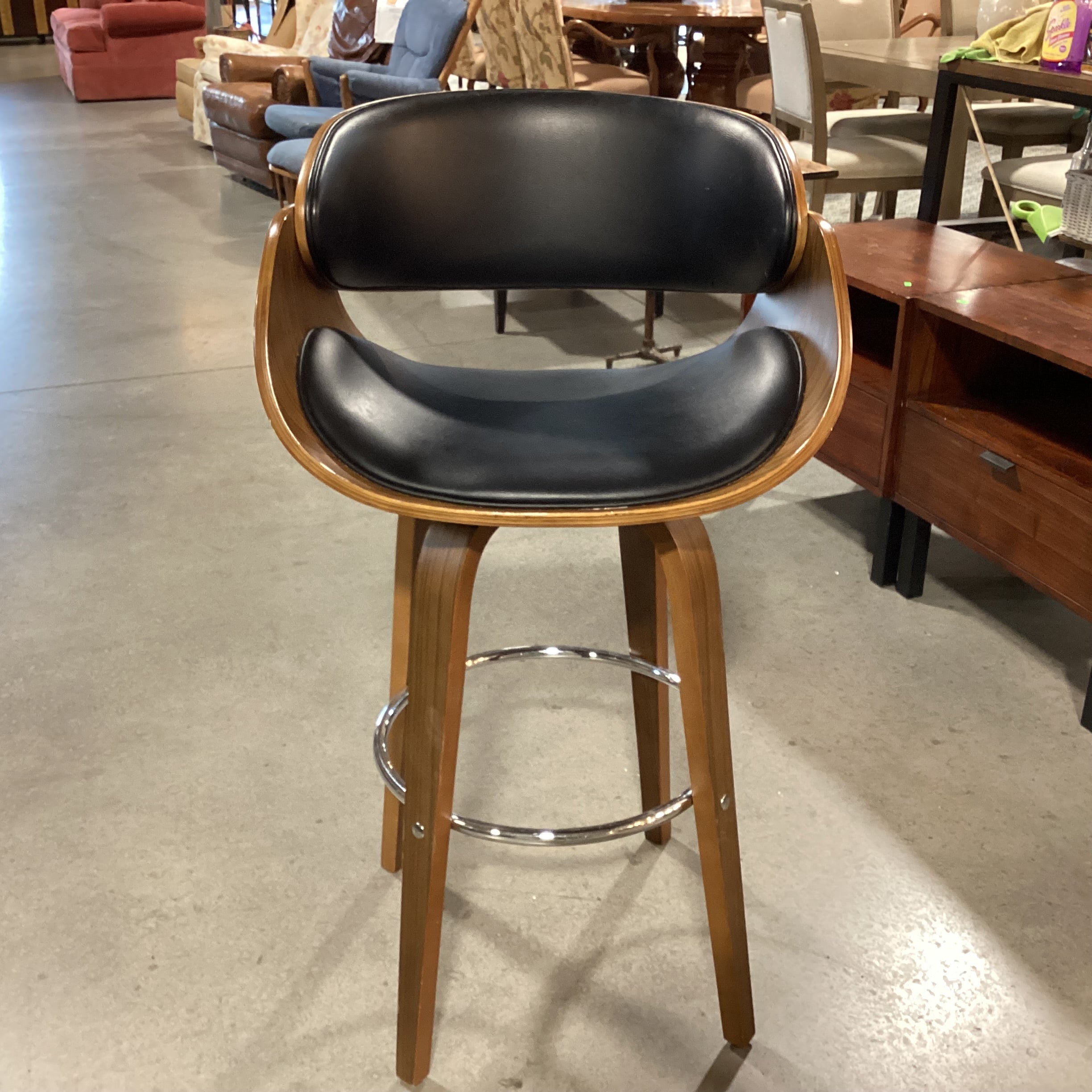Mid Century Style Pressed Wood & Faux Black Leather Swivel Barstool 30"
