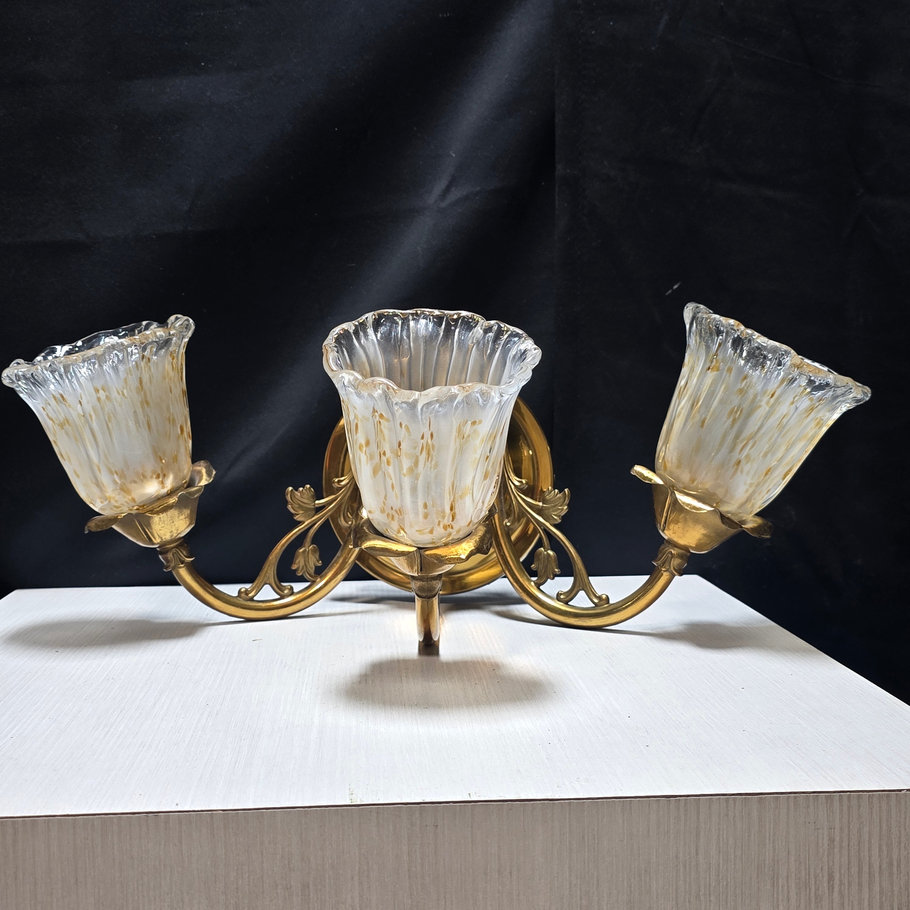 Vintage Brass Floral Three Light Sconce with Amber/Gold Flecks in Glass and Leafy  Arms17"x13"x7"