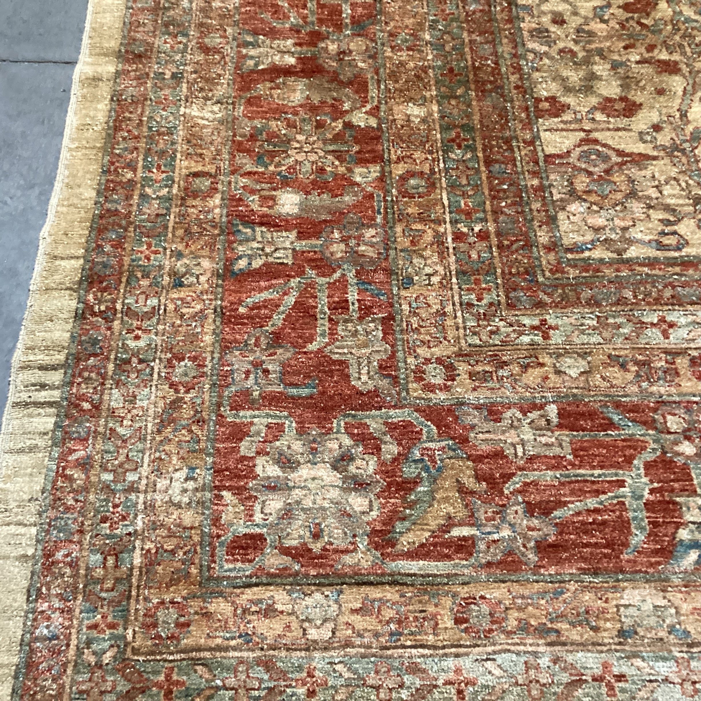 Golden Tan Rust & Blue Hand Woven Wool Rug 12'x 18'