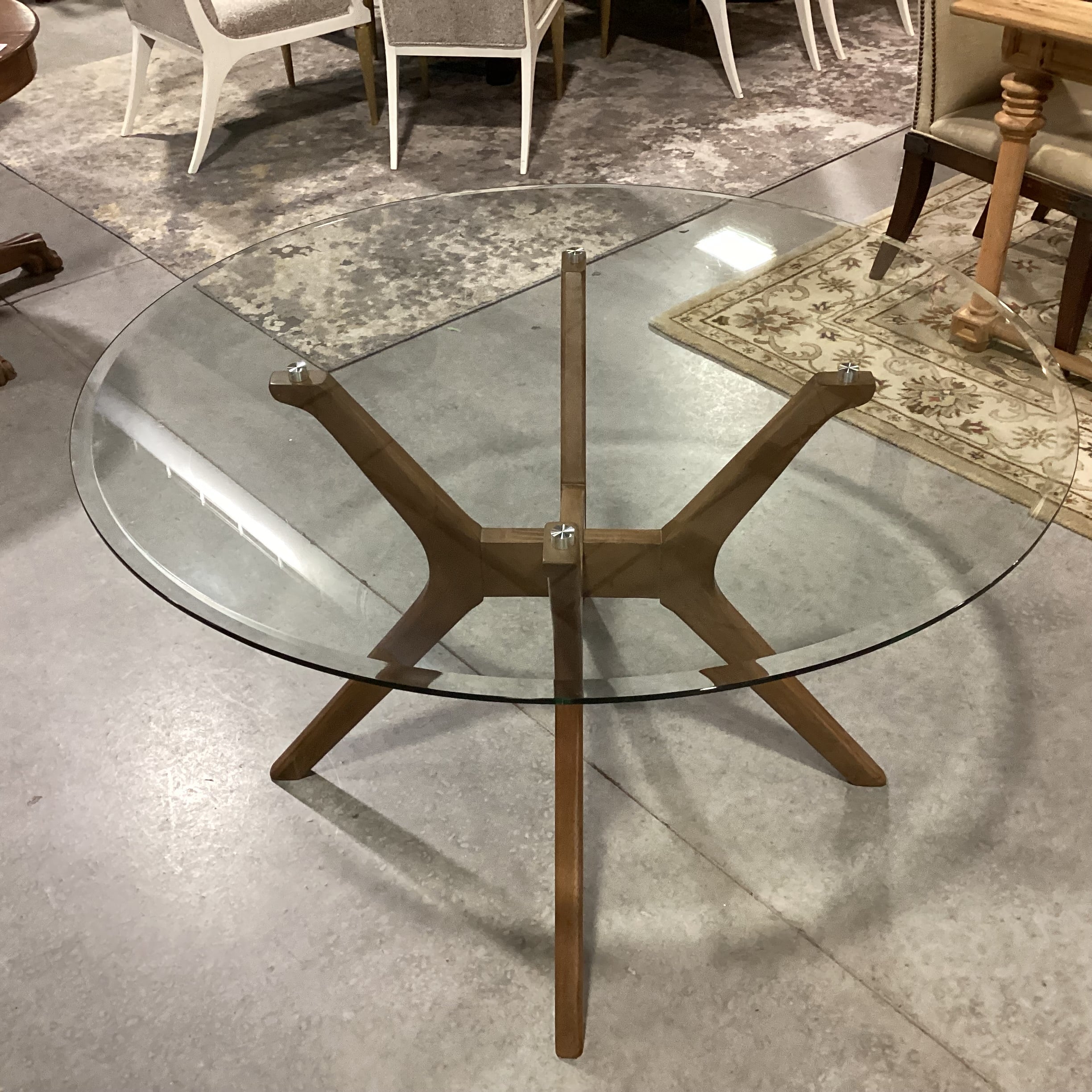 Mid Century Style Round Glass & Wood 4 Leg Pedestal Dining Table 48" Diameter x 30"